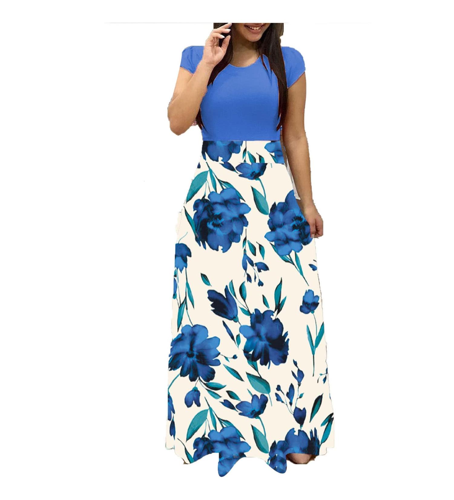 Women's Elegant Round Collar Dress Maxi Dress Swing Party Dress Cocktail Dress Floral Print Long Sleeve Tunic Dress Long Dress 5XL Blue