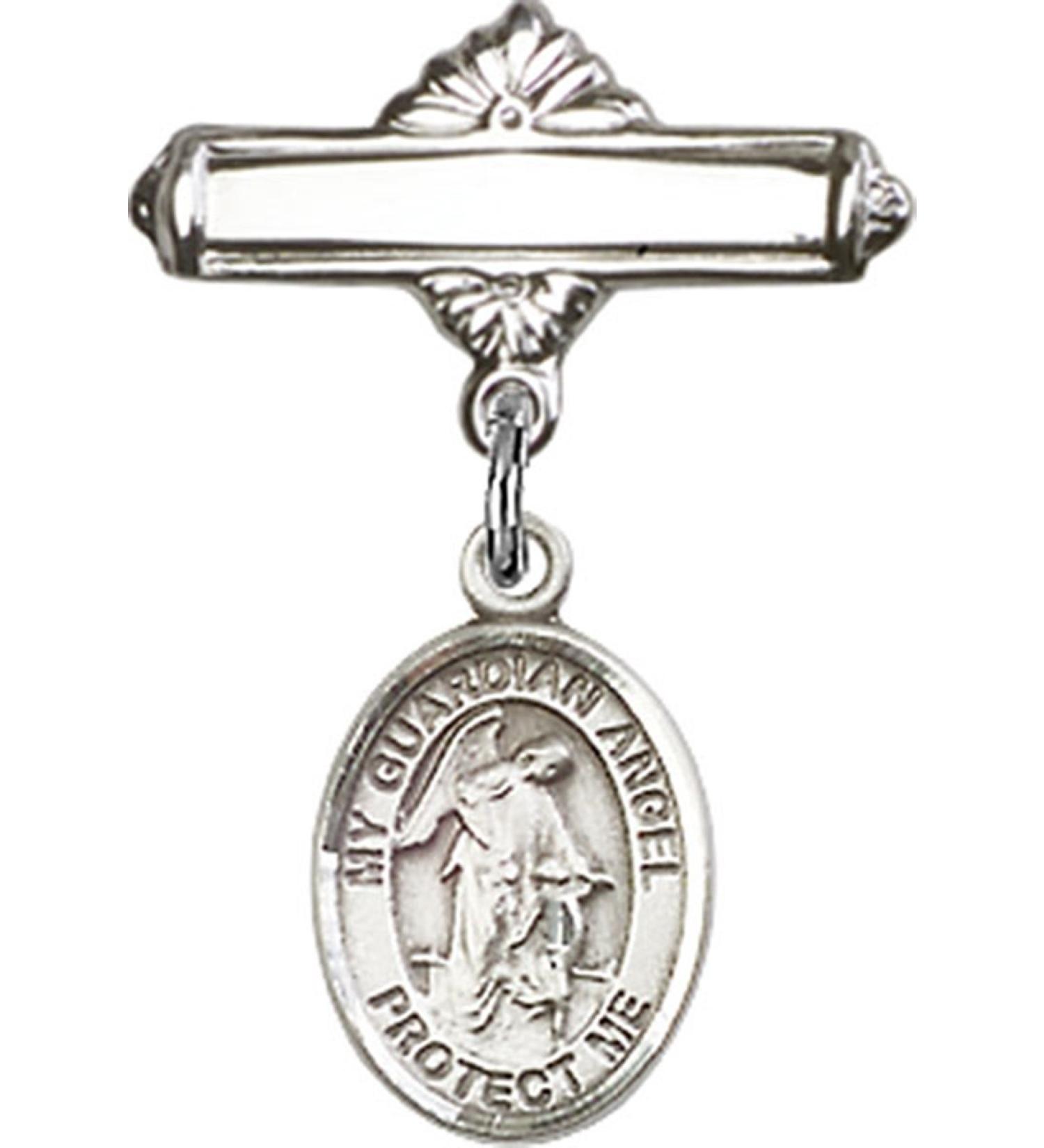 Sterling Silver Polished Baby Badge Bar Pin with Charm, 11/16 Inch Guardian Angel