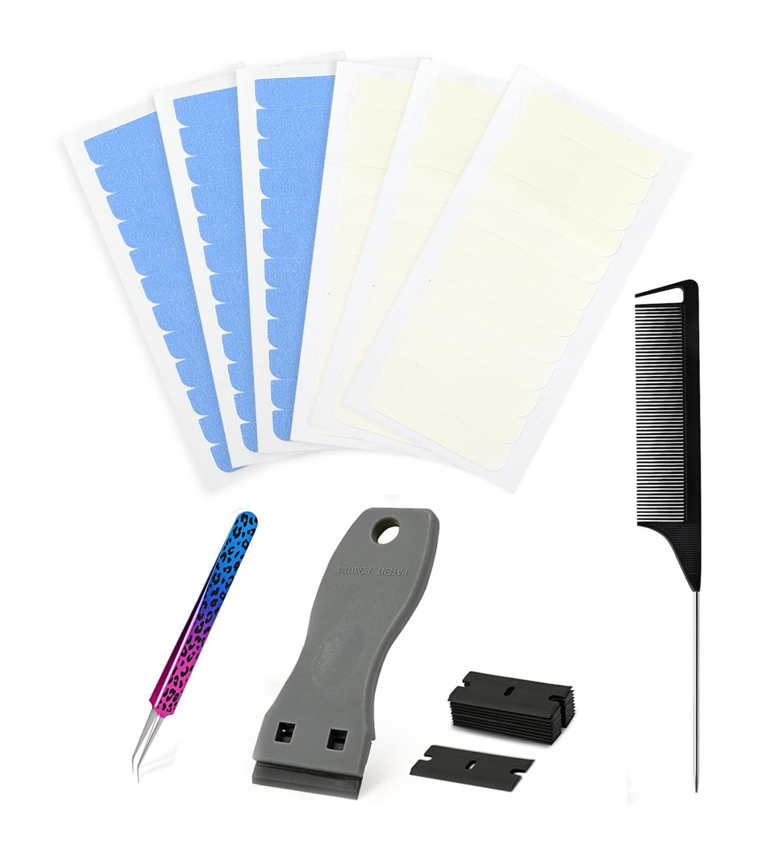 EHDIS Hair Extension Tape Tabs Set - 3 Sheets Double Sided and 3 Sheet Single Side Adhesive Hair Extension Tapes with Scraper Hair Comb Tweezers - Buy Online on GoSupps.com