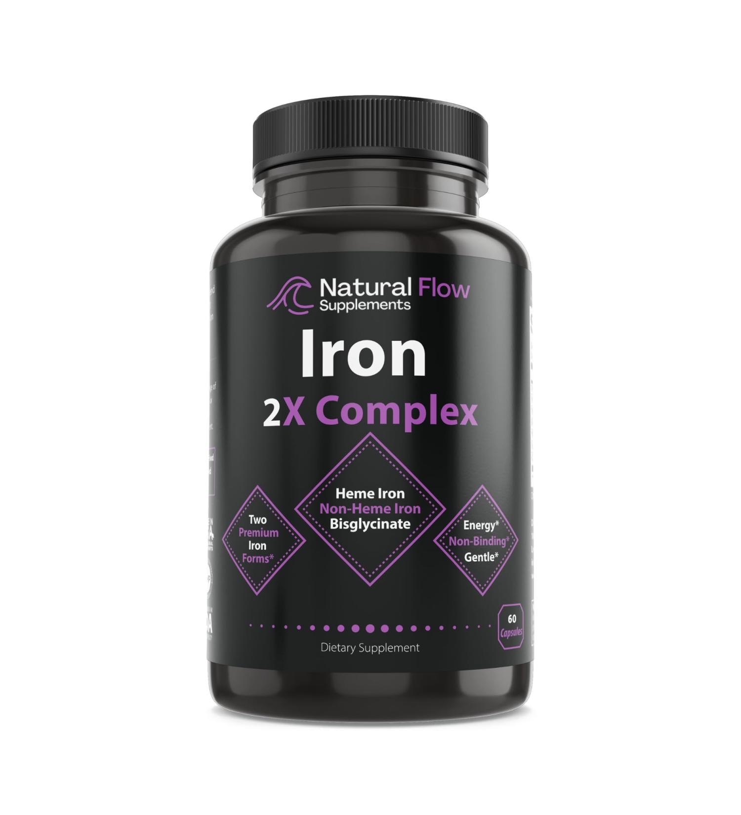 Iron Supplement 2-in-1 Complete Complex - Natural Flow 2X Heme and Chelated Non Heme Iron Bisglycinate Folate B and Vitamin C for Anemia and Blood Building Support Gentle on Stomach 60 Caps (60) - Buy Online on GoSupps.com