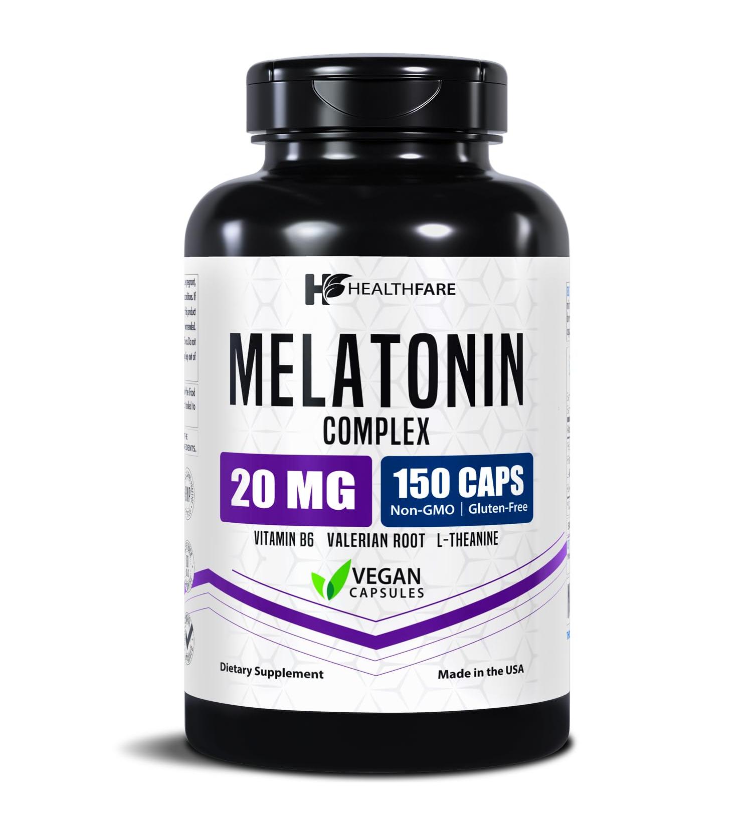 Healthfare Melatonin 20mg | 150 Veg Capsules | Complex with L-Theanine | Valerian Root & Vitamin B6 | Vegetarian Formula | Non-GMO | Gluten-Free | Made in The USA 150 Count (Pack of 1) - Buy Online on GoSupps.com