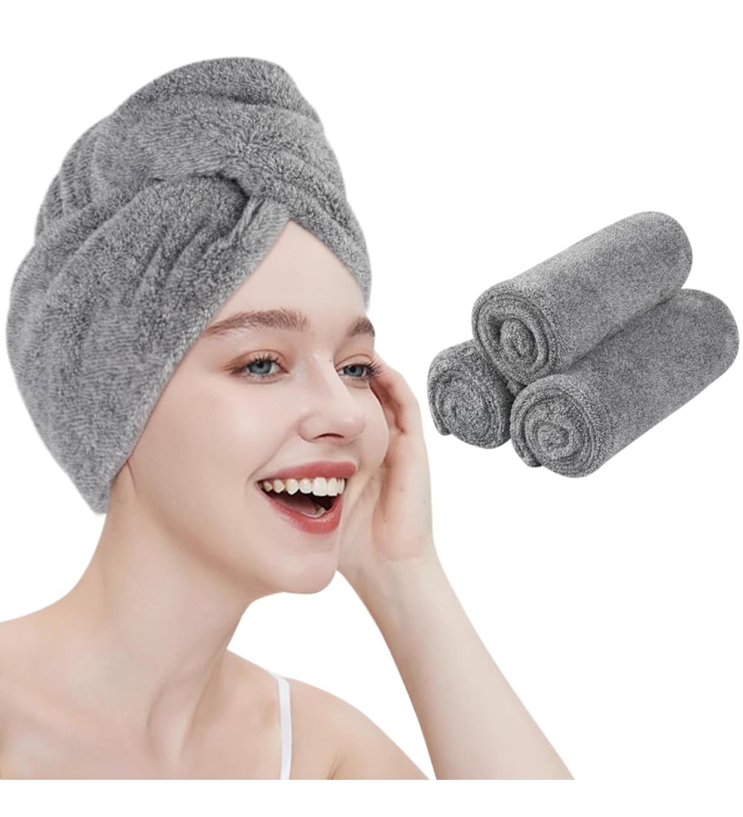 Kinhwa Bamboo Microfiber Turban Towel - Quick-Drying Super Absorbent Hair Towel for All Hair Types (3 Pieces Light Gray 25x65cm) - Buy Online on GoSupps.com