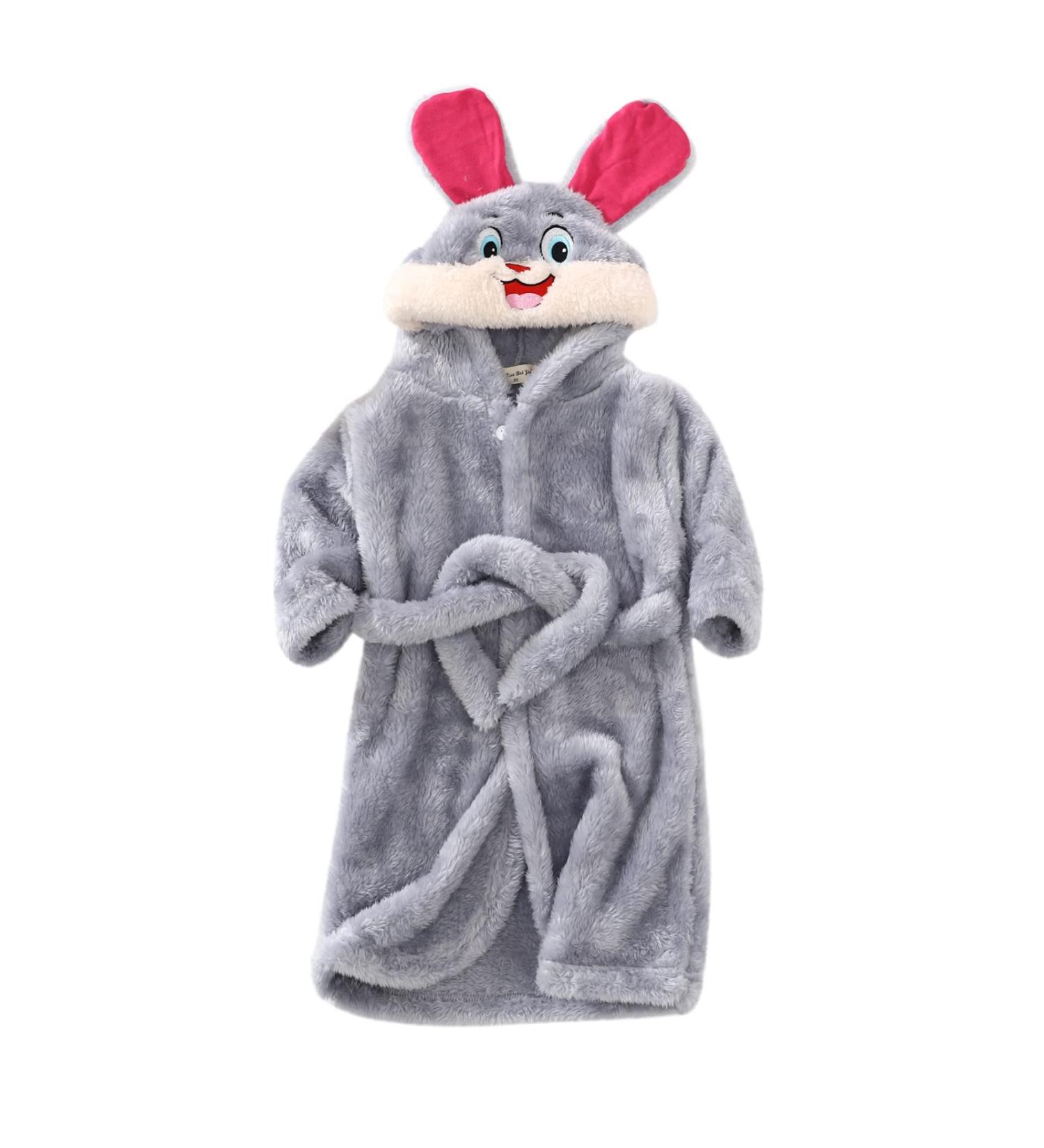 Colorful Cartoon Rabbit Children's Bathrobe | Cozy Hooded Nightwear & Flannel Pajamas for Girls 1-8 Years - Plush & Thick Gray Design - Buy Online on GoSupps.com