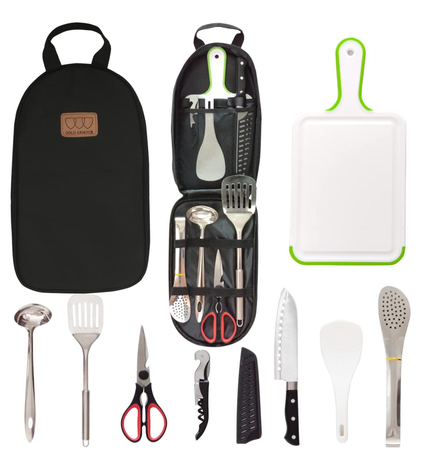 Gold Armour Camp Kitchen Utensil Organizer Travel Set - Portable Stainless Steel BBQ Cooking Utensils Kit with Cutting Board, Tongs, Scissors, Knife, Ladle, Spatula - Outdoor Camping Equipment - Buy Online on GoSupps.com