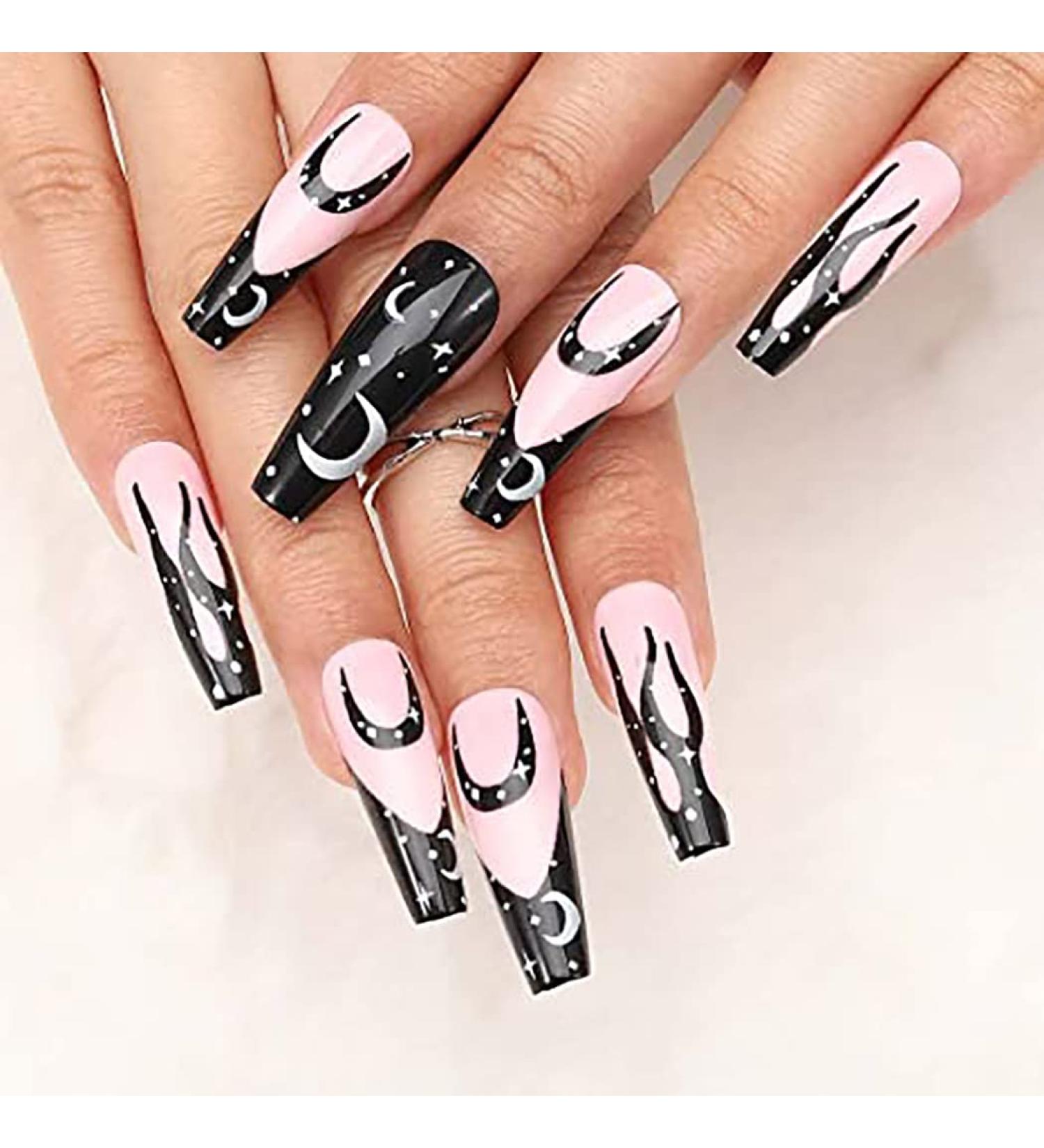 Vatocu Long Pink Flame Tai Chi Press-On Coffin Nails - 24 Pack Ballerina Acrylic Fake Nails for Women & Girls - Black & White Full Cover - Buy Online on GoSupps.com