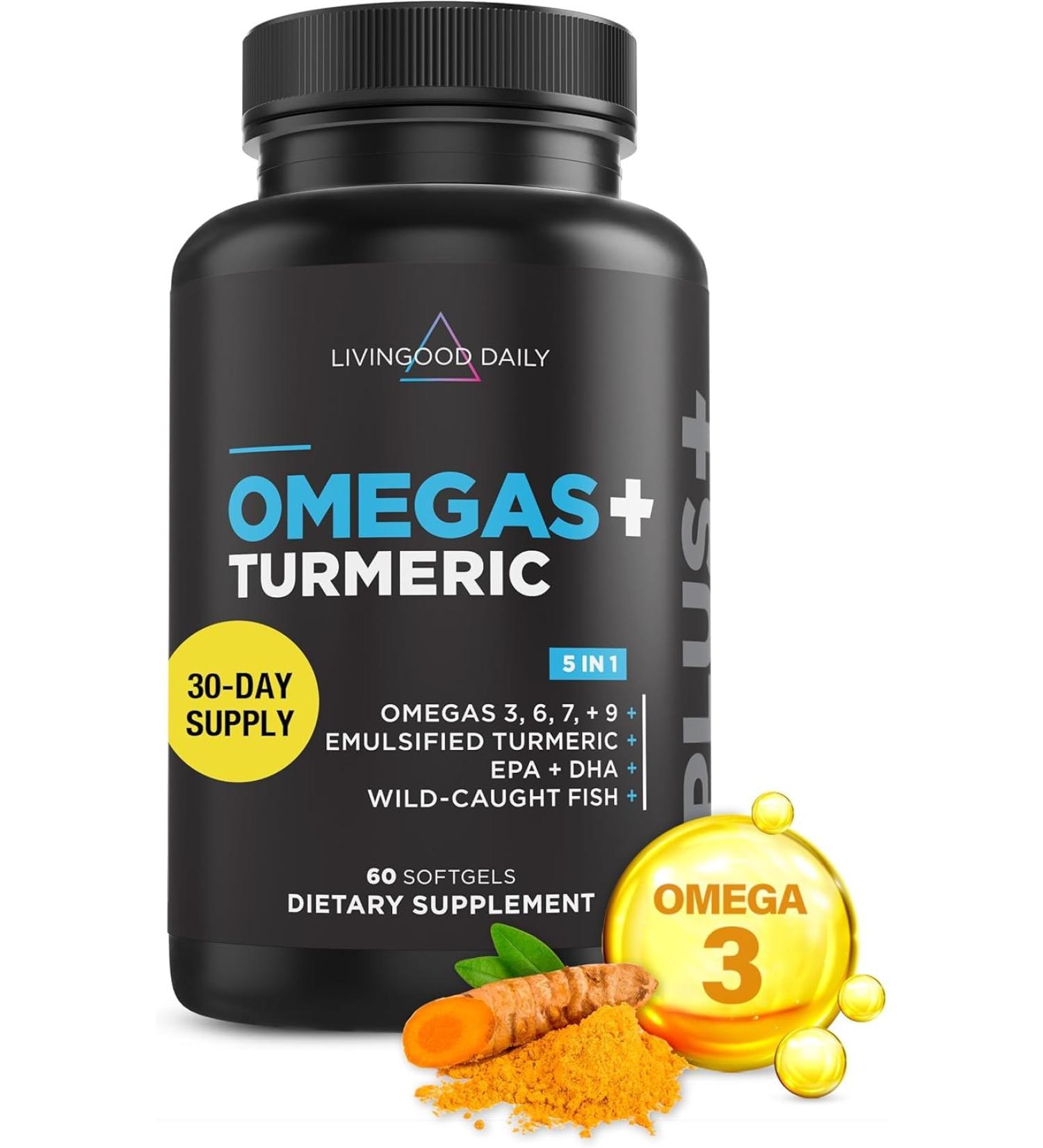Livingood Daily Omega 3 6 9 Plus Turmeric Curcumin - Omega 3 Supplement (EPA & DHA) - Supports Heart Health - Supplements - 60 Softgels - Buy Online on GoSupps.com