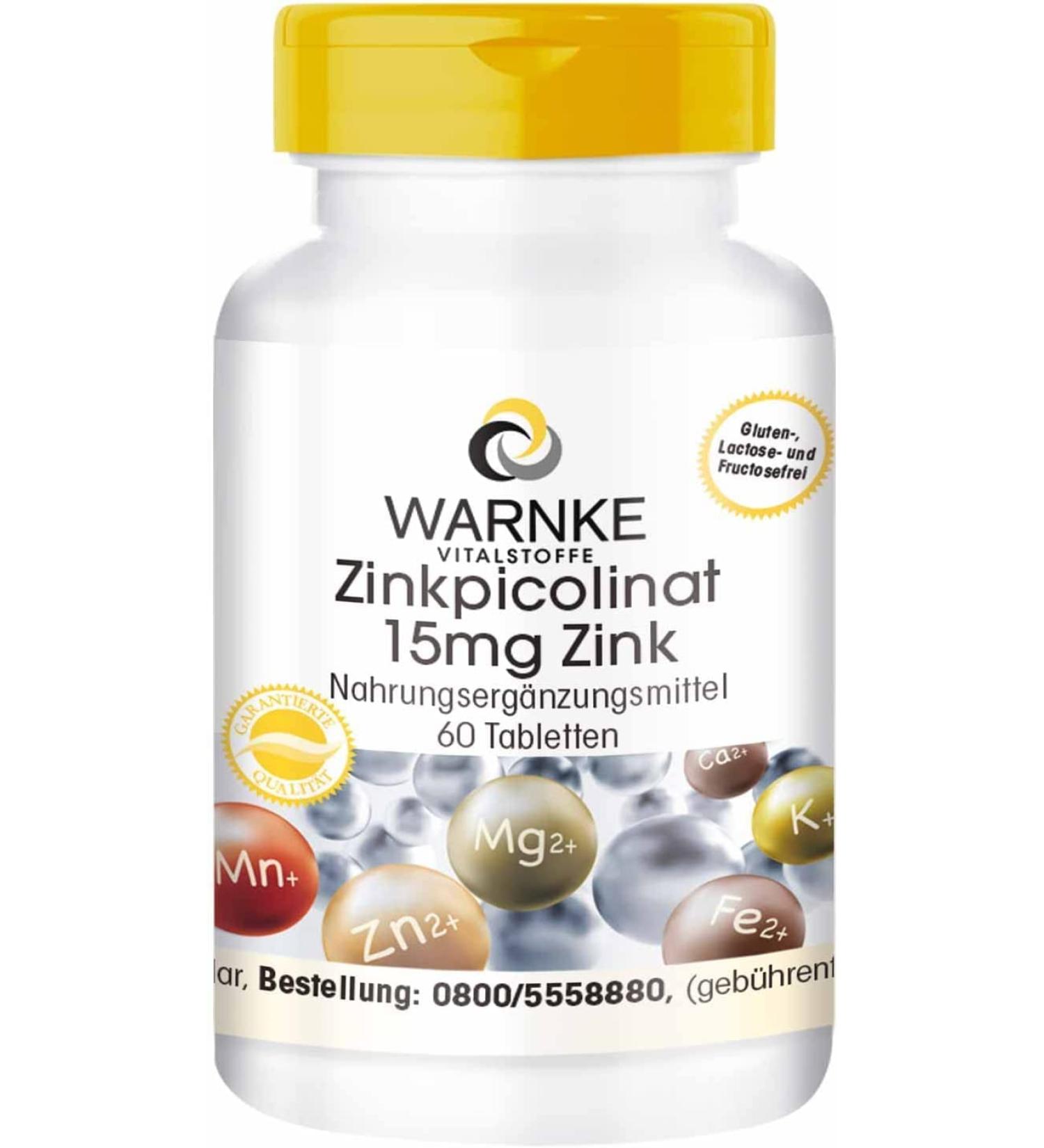 Zinc Tablets 15mg - Vegan Zinc Picolinate | 60 High Dose Tablets | Warnke Vital Substances - German Pharmacy Quality - Buy Online on GoSupps.com