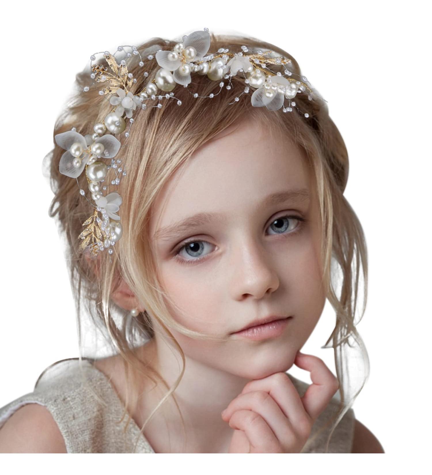 LORCOO Gold Flower Girl Pearl Headband for Wedding & Events | Girls & Women's Flower Crown | First Communion & Birthday Hair Accessory - Buy Online on GoSupps.com