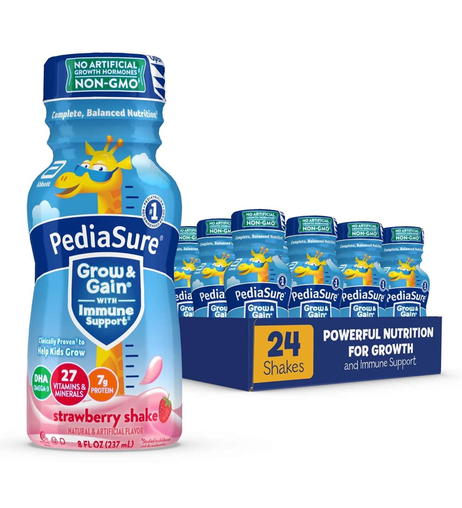 PediaSure Grow & Gain with Immune Support Kids Protein Shake 27 Vitamins and Minerals 7g Protein Helps Kids Catch Up On Growth Non-GMO Gluten-Free Strawberry 8-fl-oz Bottle 24 Count - Buy Online on GoSupps.com