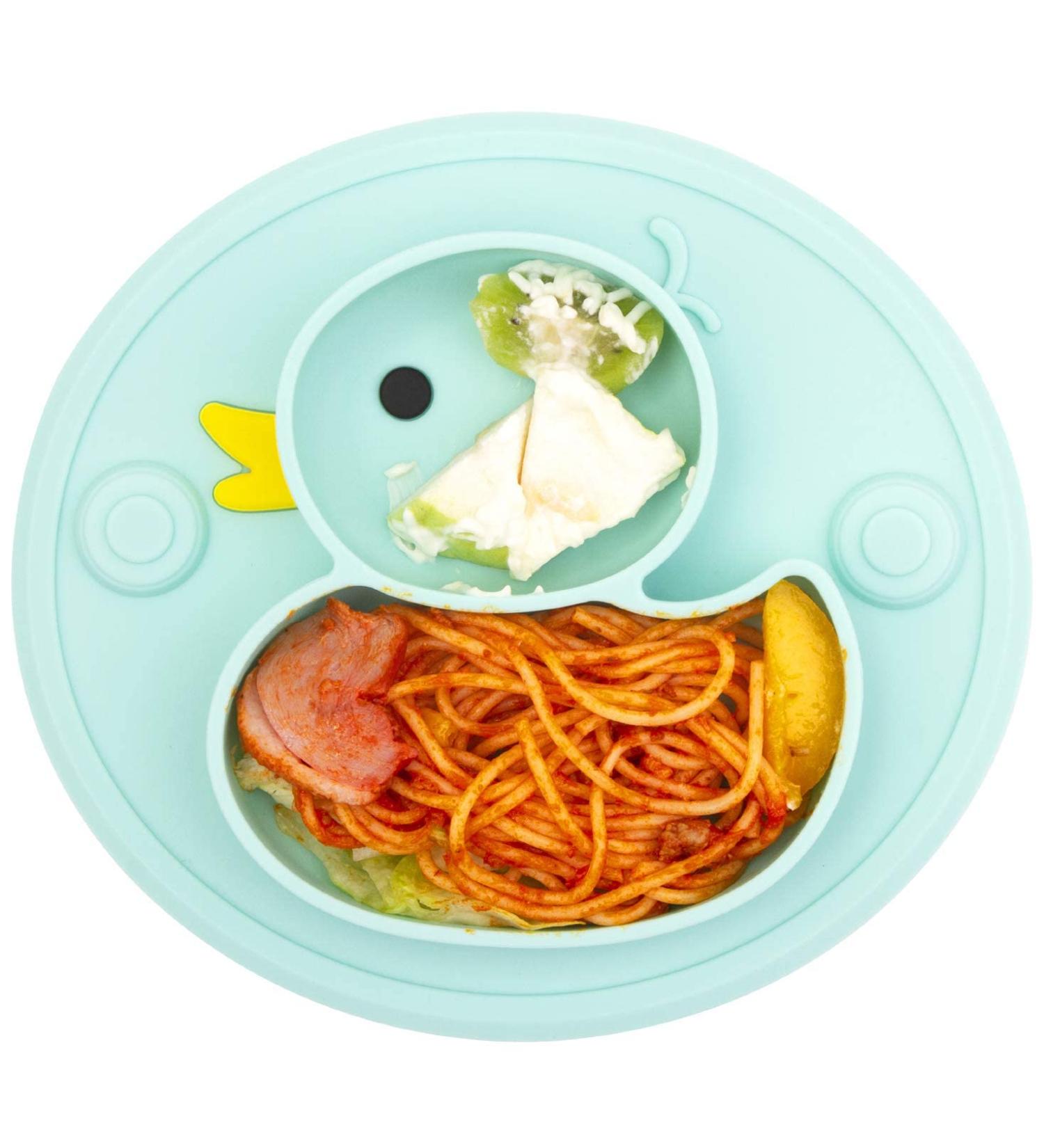 Silicone Baby Plate with Suction | Divided Duck Dishes for Kids | BPA-Free & Microwave Safe | Green - Buy Online on GoSupps.com