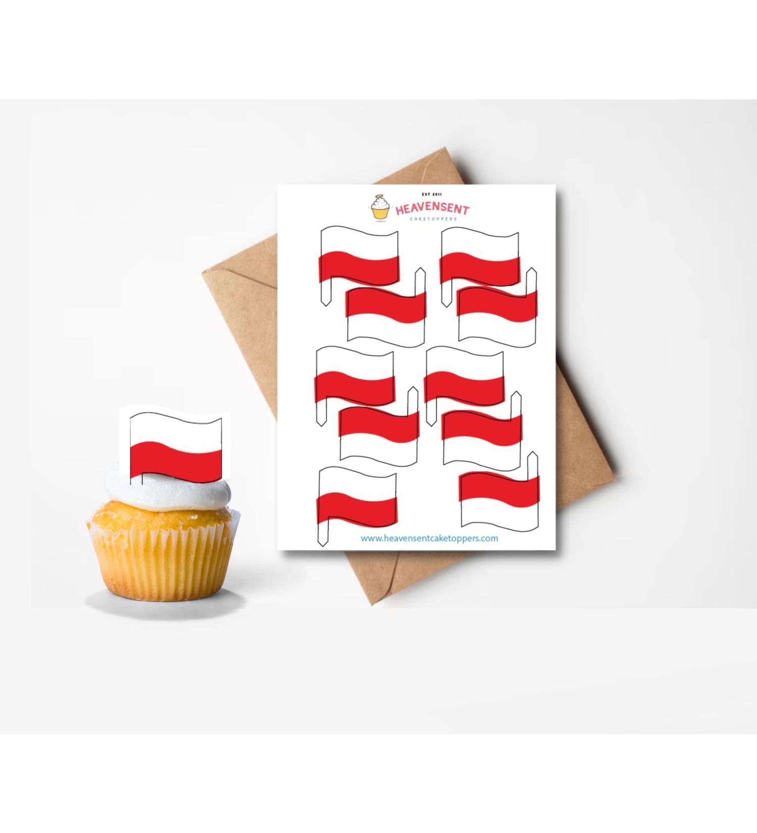 20x Pre-cut Poland Polish Flags Edible Thick Wafer Card Standing Cupcake Toppers Birthday Party Cake Decorations