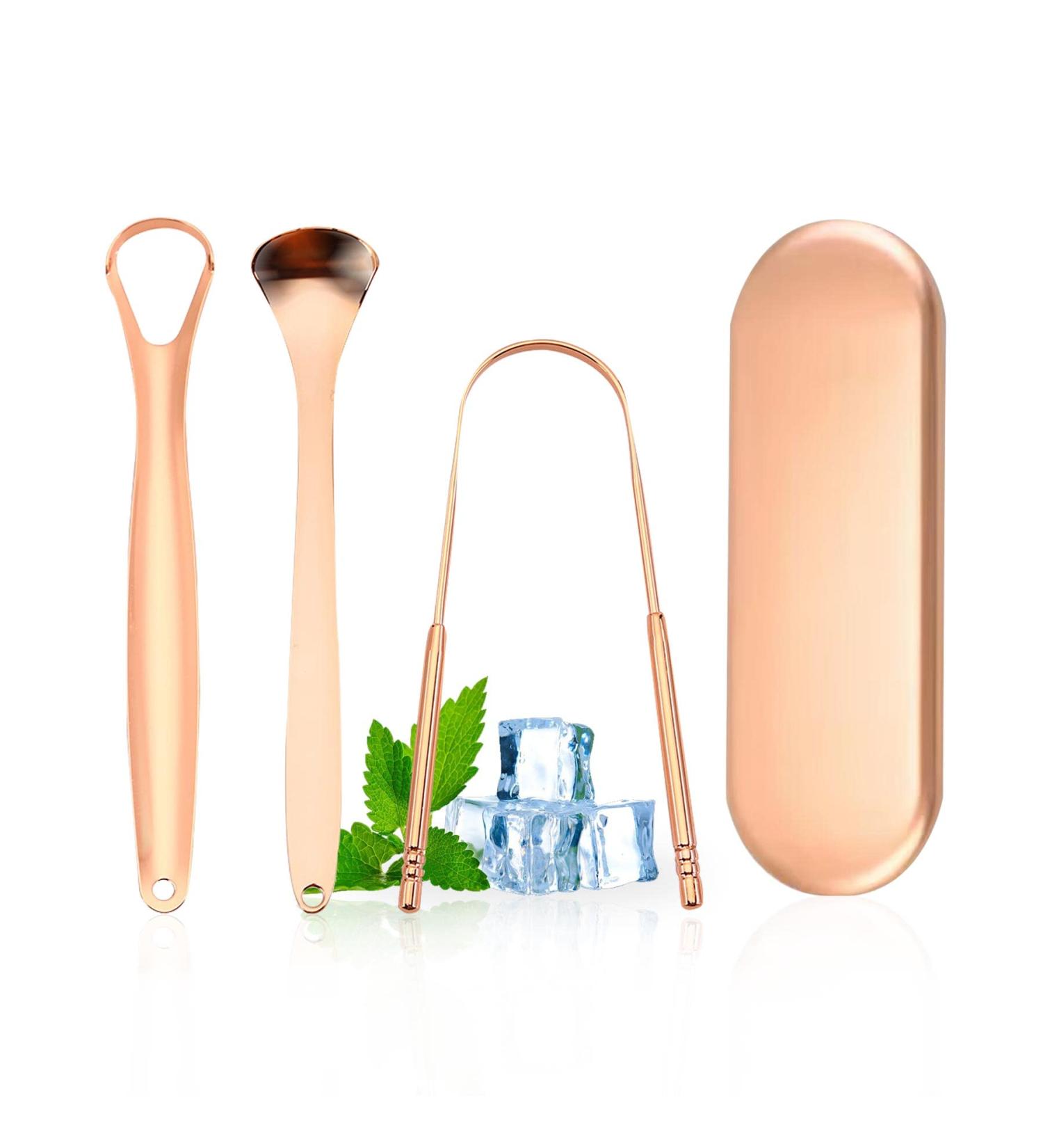 Stainless Steel Tongue Scraper Set - Rose Gold | Reduce Bad Breath, Maintain Oral Hygiene for Adults & Kids - Buy Online on GoSupps.com