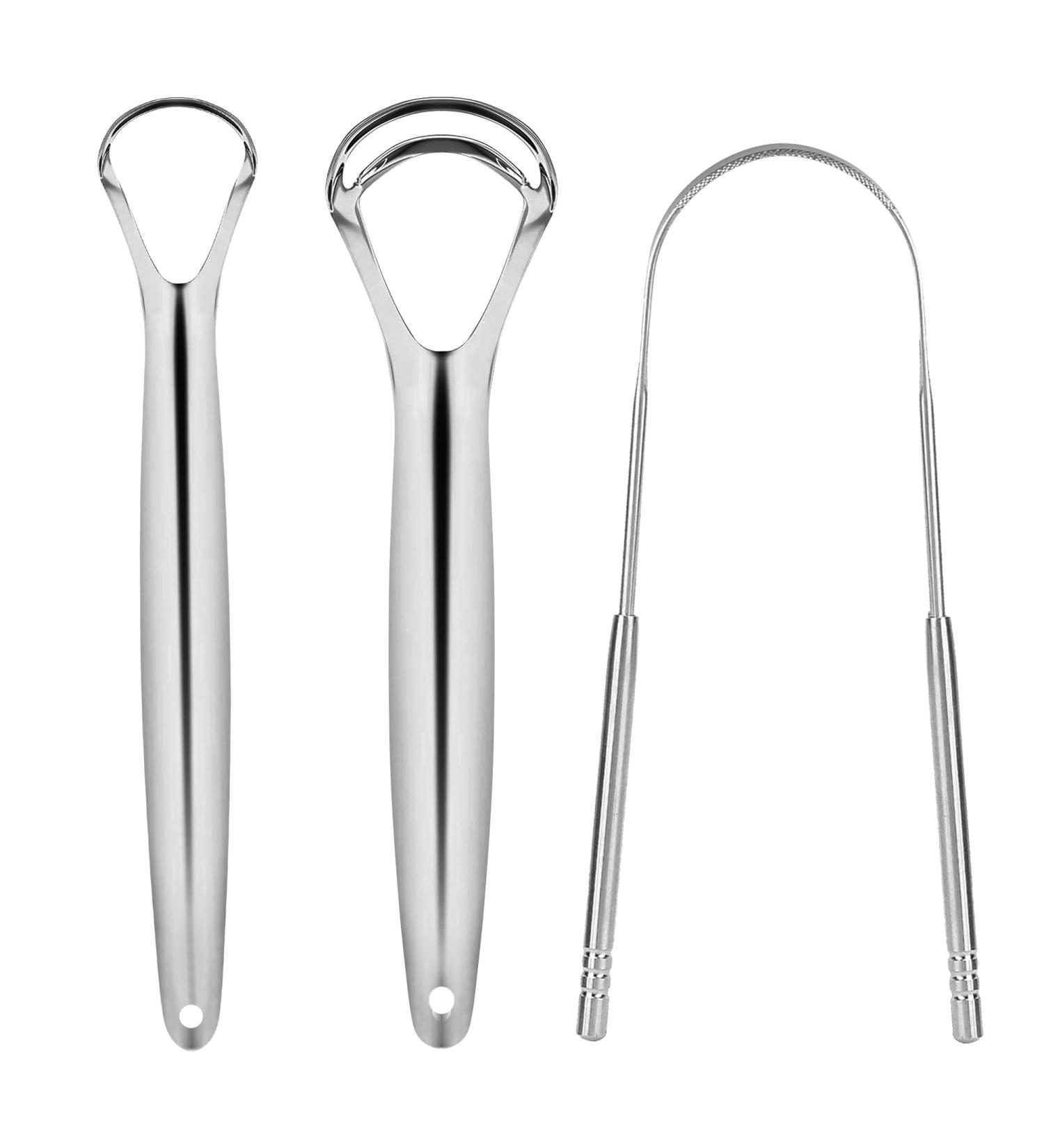 Stainless Steel Tongue Cleaner Set - 3 Metal Tongue Scrapers for Bad Breath | Oral Hygiene for Adults & Children - Buy Online on GoSupps.com