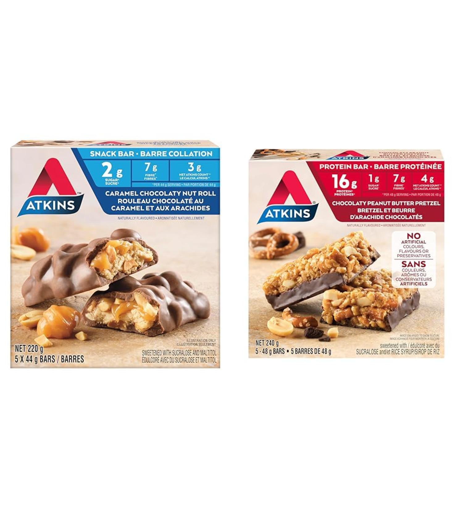 Atkins Snack Bars - Caramel Chocolaty Nut Roll Low Sugar Keto-Friendly High Fibre 2g Sugar 3g Carbs 5ct & Protein Bars - Chocolaty Peanut Butter Pretzel Low Sugar Keto Friendly High Protein Caramel Chocolaty Nut Roll+Protein Bars 5ct - Buy Online on GoSupps.com