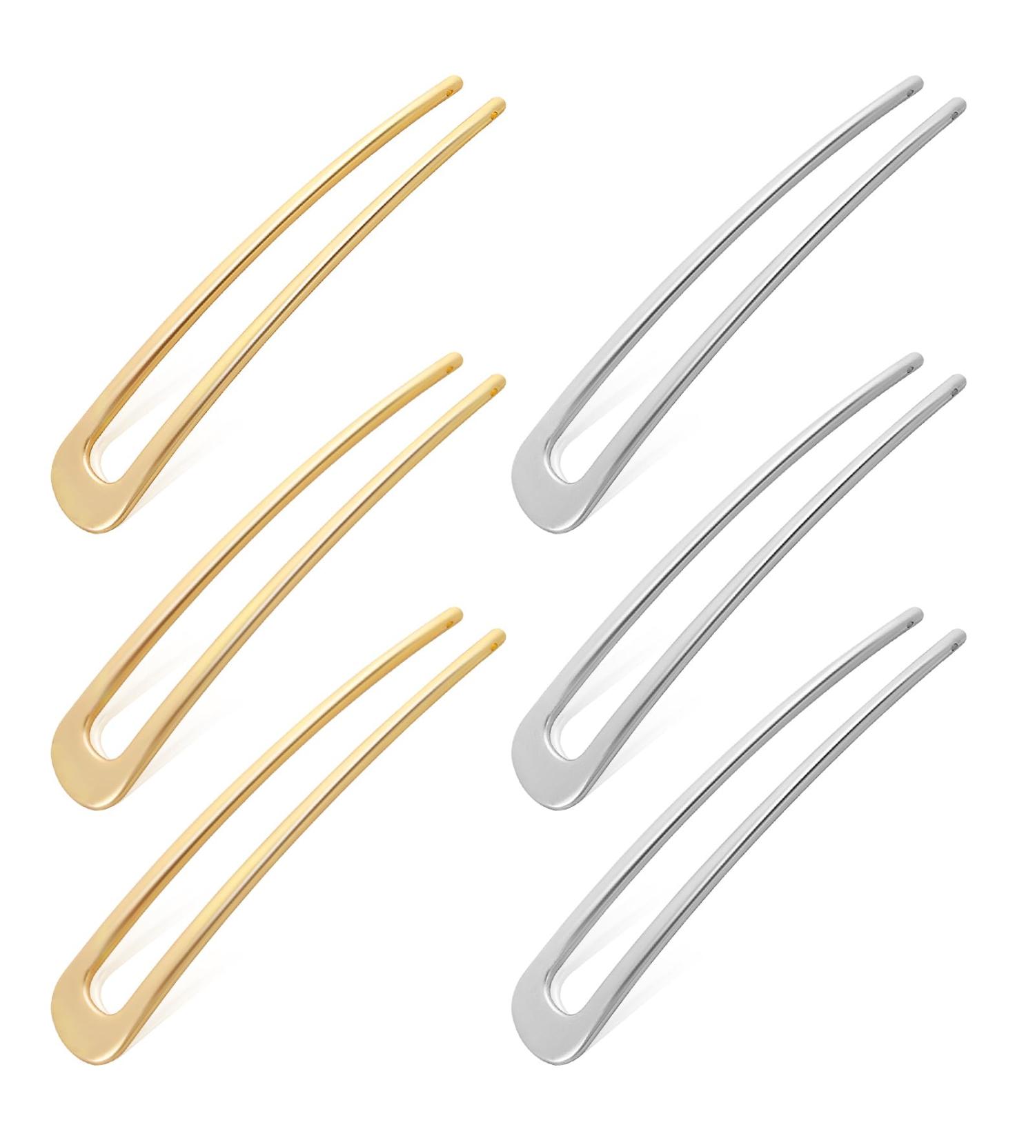 6 Pieces Gold French Hair Pin Simple French U Shaped Hair Pins Metal Hair Pin 4 Inch Large French Hair Pin Gold Silver Hair Fork Stick 2 Prong Updo Chignon Hair Pin for Women Buns Hair Accessories - Buy Online on GoSupps.com