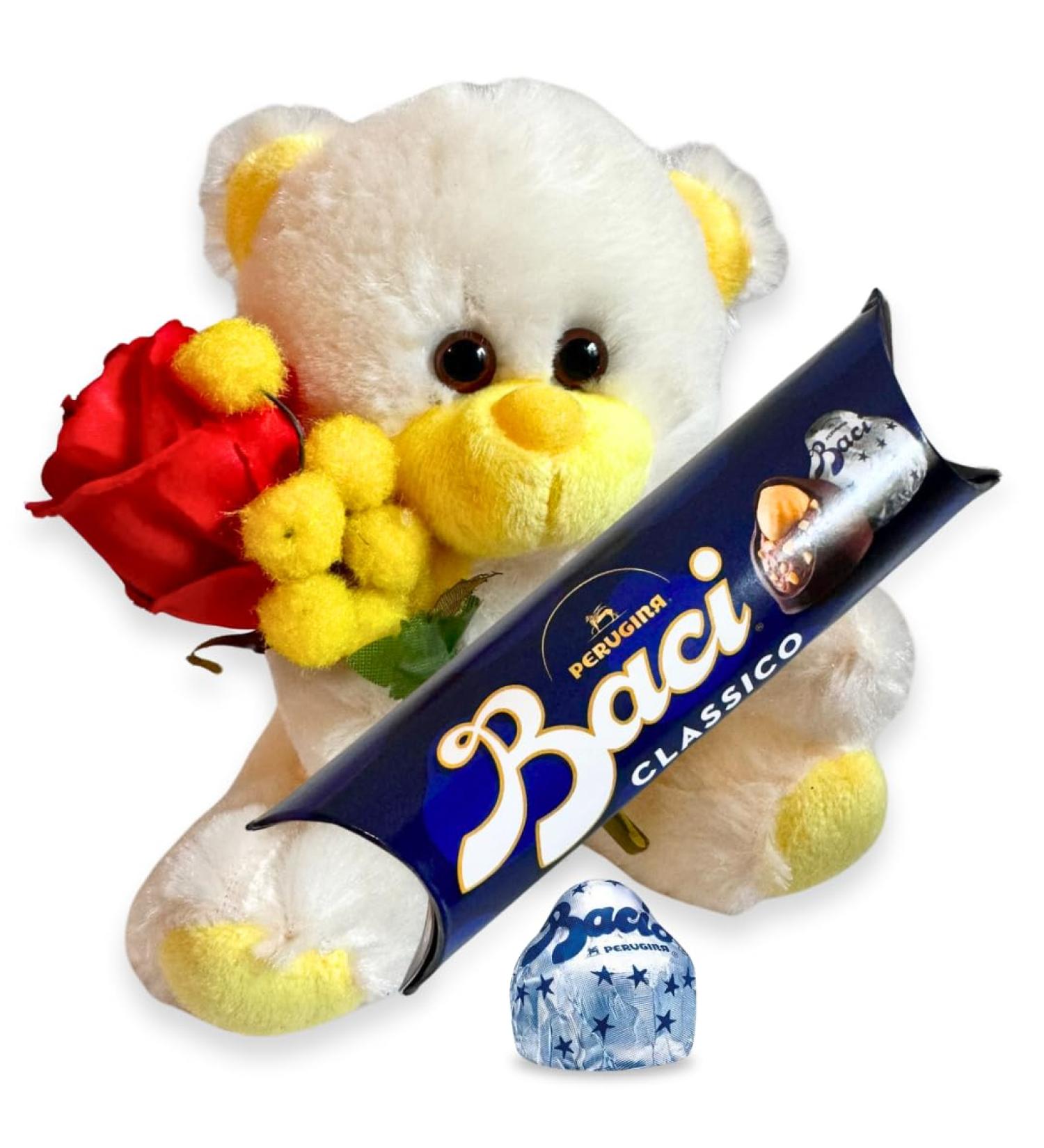 Baci Perugina Gift Ideas Plush Toy - Girlfriend Woman - Teddy Bear Soft Toy + Fake Mimosa and Red Bud Petals Wood + Baci Perugina 37g - Buy Online on GoSupps.com