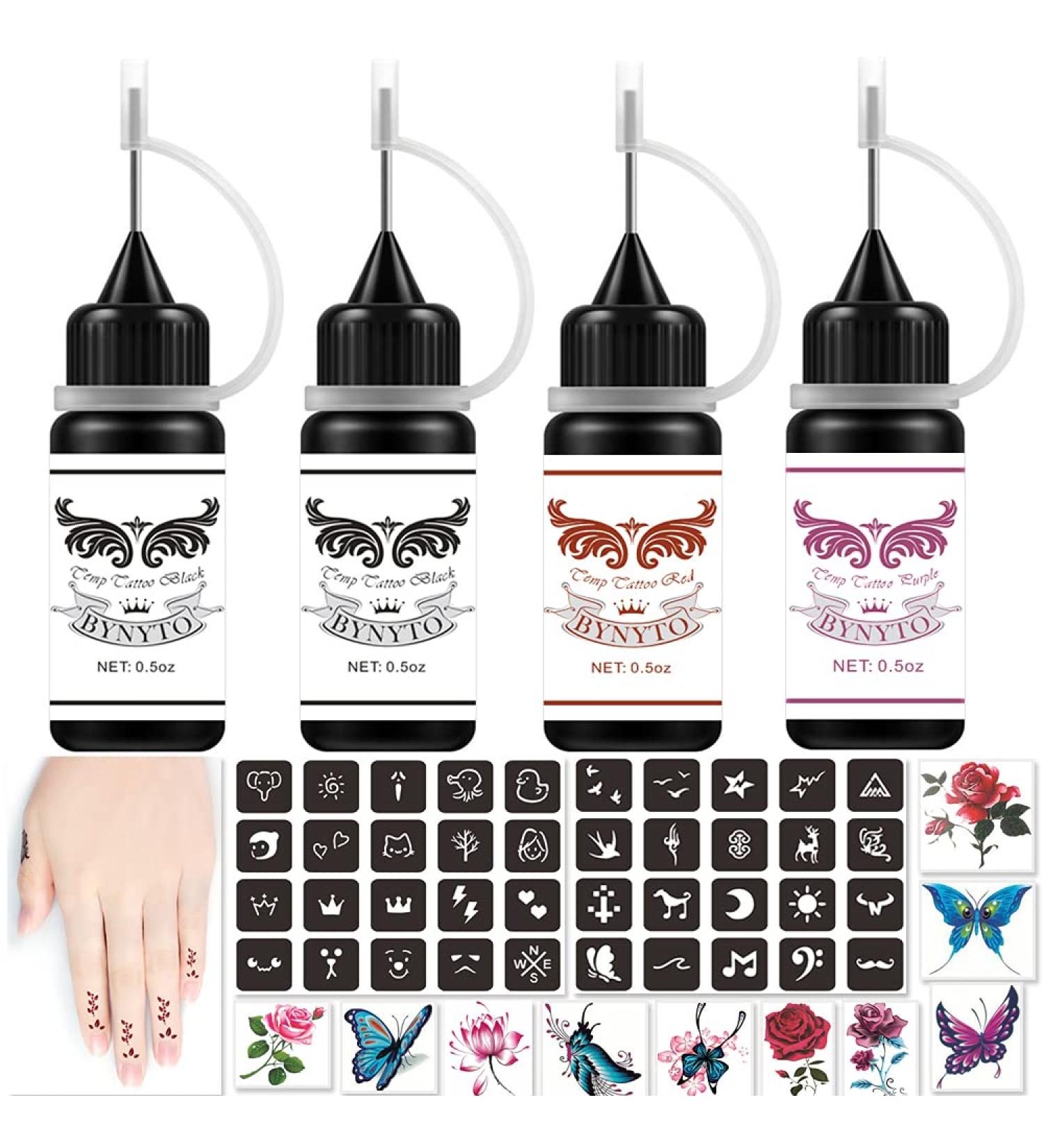 Temporary Tattoo Set: 4Pcs Three-Color Temporary Tattoos with 40 Adhesive Stencils, 20 Sheets Flowers Butterfly Stickers for Women Men - Black, Red, Purple - Buy Online on GoSupps.com