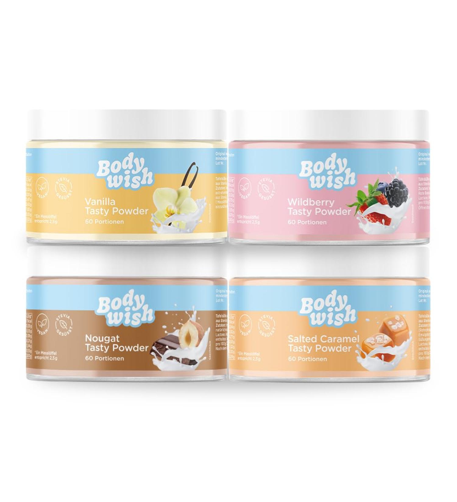 Bodywish Mixed Tasty Powder - Low-Calorie Sugar Substitute | Natural Flavor | Vanilla Wildberry Nougat Salted Caramel | 4 x 150g Aroma Mix - Buy Online on GoSupps.com