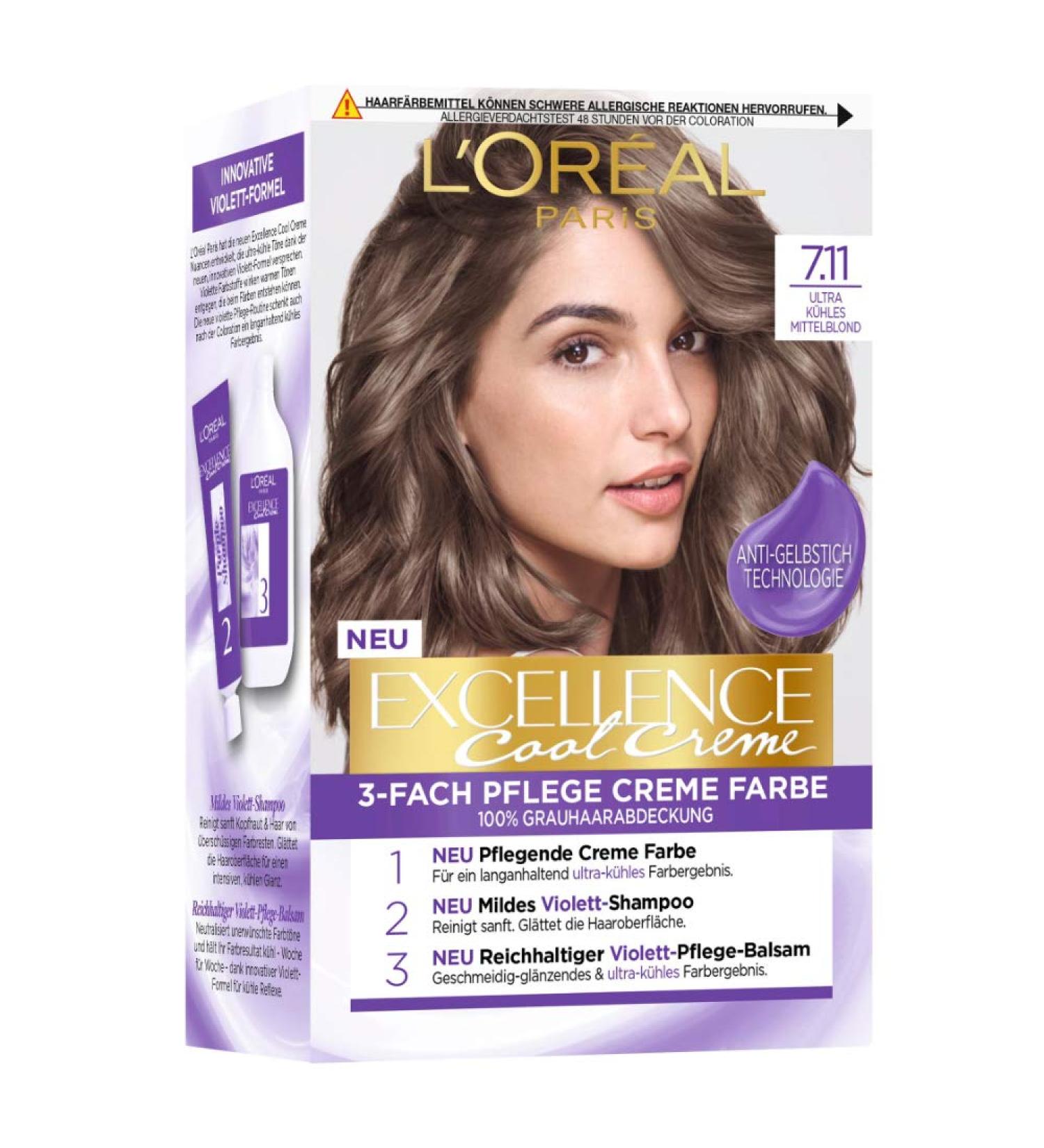 L'Or al Paris Excellence Cool No. 7.11 Ultra Cool Middle Blond - 100% Gray Coverage Hair Color Set with Shampoo & Care Cream | International Shipping Available - Buy Online on GoSupps.com