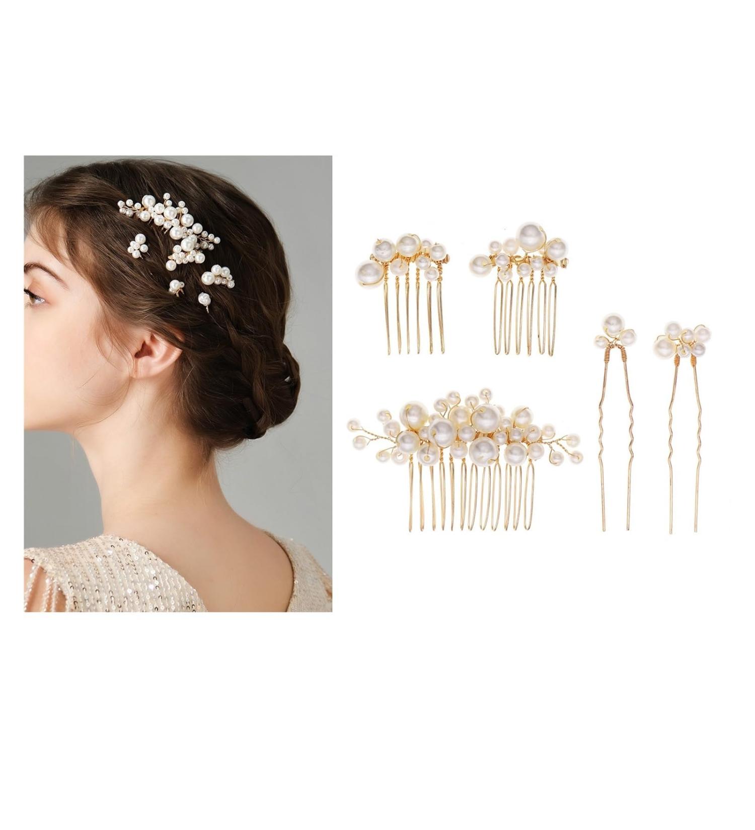 Bridal Headdress Hair Comb Hairpin Set Wedding Hair Accessories Handmade Pearl Hair Comb for Women Wedding Hair Piece Headpiece Gold - Buy Online on GoSupps.com