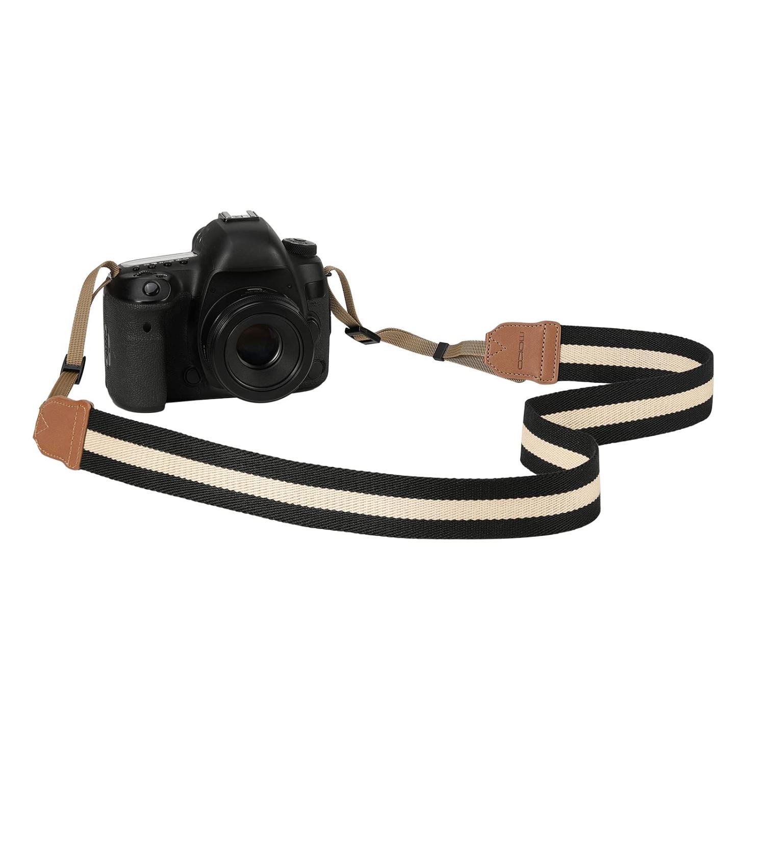 MoKo Adjustable Cotton Woven Camera Strap - Universal Neck & Shoulder Strap for Cameras & Camcorders - Black & Beige - 1.5 inch Wide - Buy Online on GoSupps.com