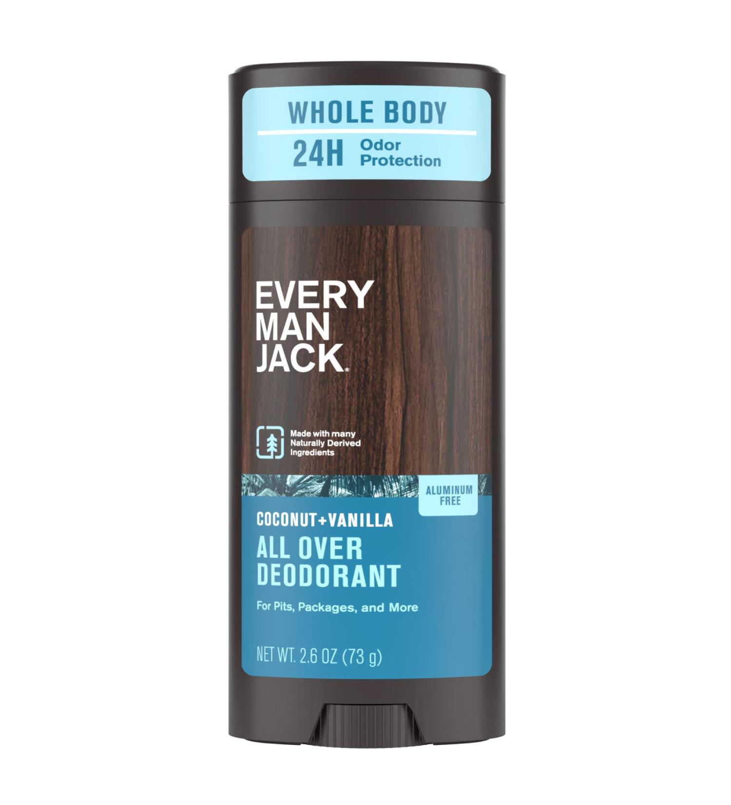 Every Man Jack All Over Deodorant - 24 Hour Whole Body Odor Protection - Aluminum Free - Coconut + Vanilla Scent 2.6 oz (1 Pack) Coconut + Vanilla 2.6 oz (Pack of 1) - Buy Online on GoSupps.com