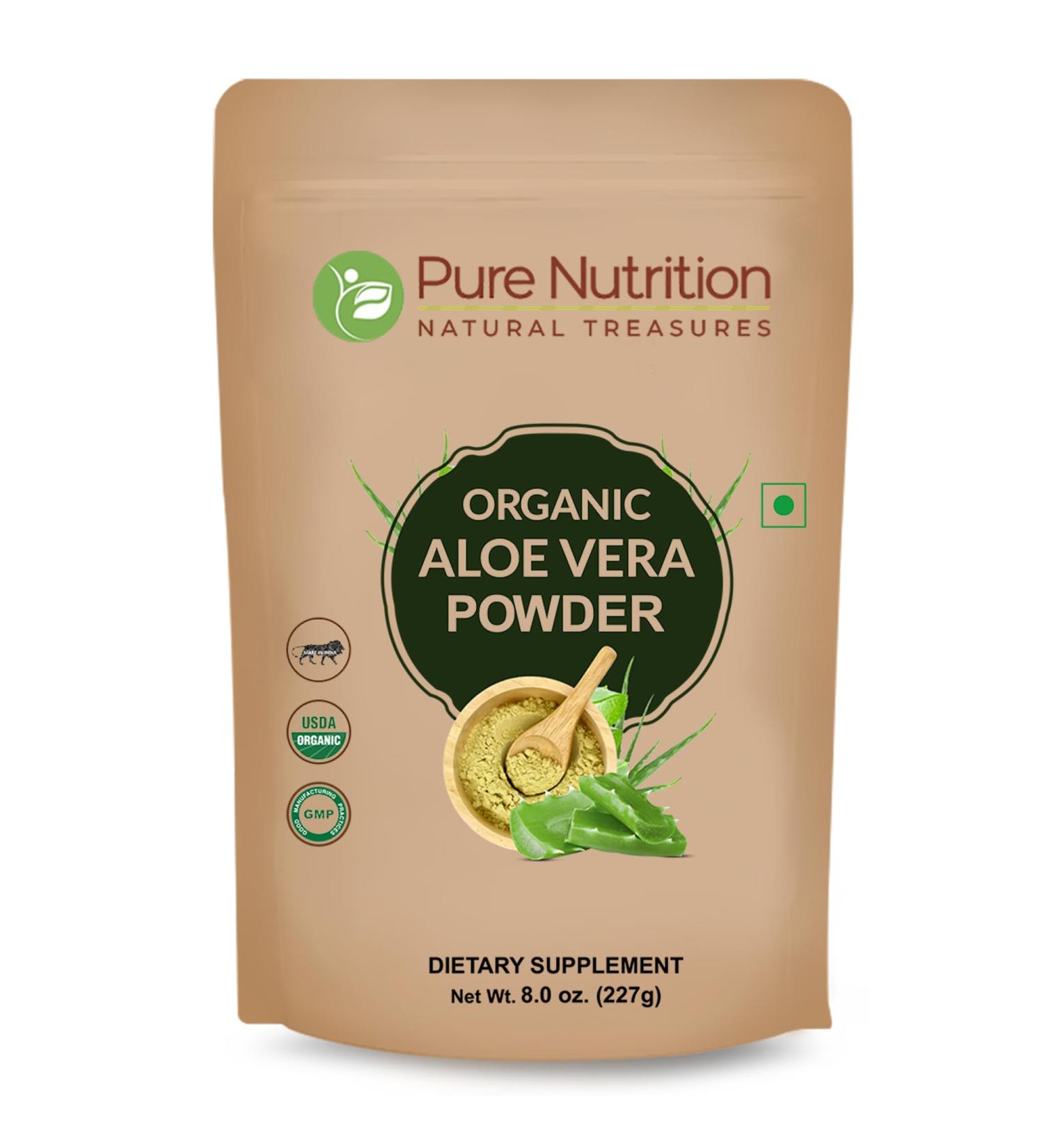 Pure Nutrition Organic Aloe Vera Powder 8 OZ (227 Grams) | USDA Certified Organic | Promotes Hair Growth Natural Skin Moisturiser | Non-GMO | Gluten Free