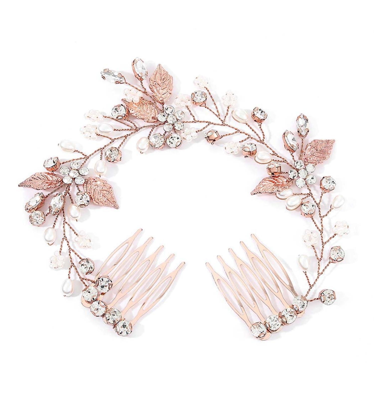 Yikisdy Rhinestone Bride Wedding Hair Comb - Pearl Leaf Crystal Bridal Accessories (Rose Gold) - Buy Online on GoSupps.com