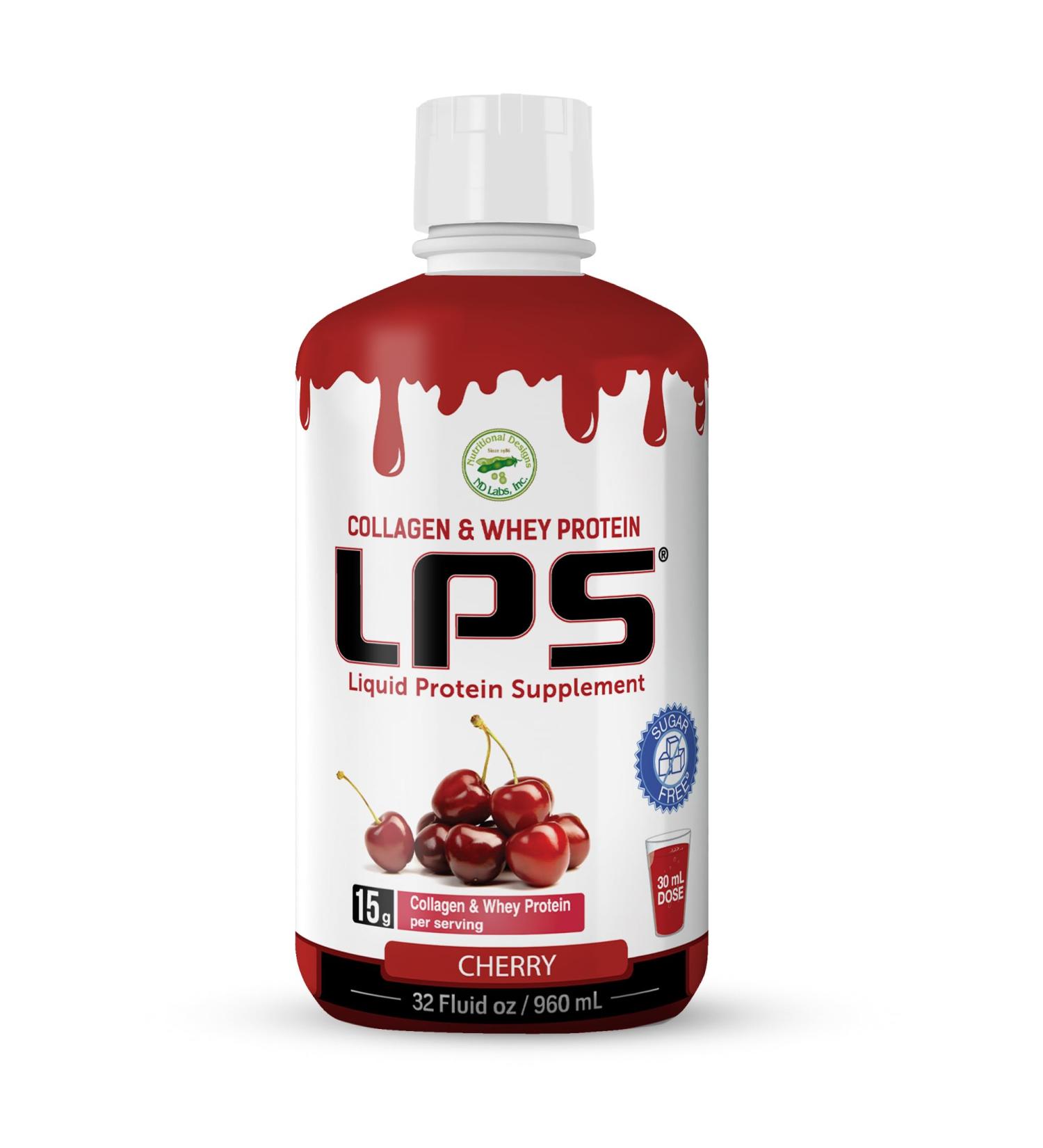 LPS Liquid Collagen & Whey Protein Supplement - Sugar-Free Dye-Free Non-GMO Drink - Hydrolyzed Collagen & Whey Peptides Promotes Healthy Skin & Hair for Men & Women Cherry 32 fl oz