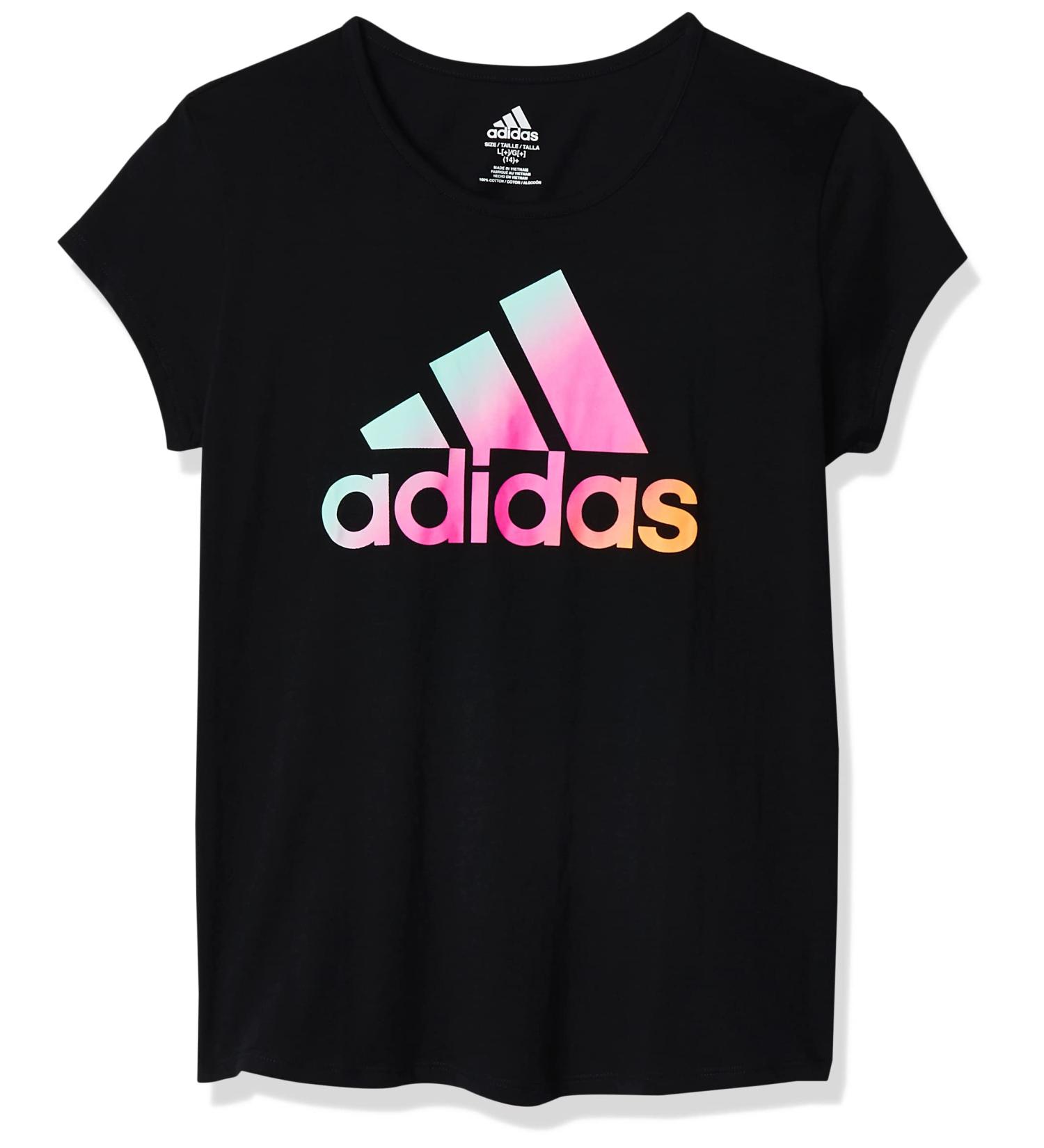 adidas Girls' Short Sleeve Black Cotton Tee with Curve Hem - Size Small - Buy Online on GoSupps.com