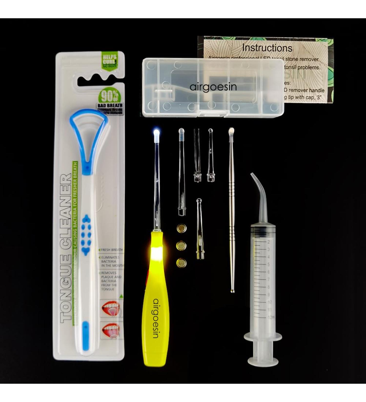 Airgoesin Professional Tonsil Stone Remover Tool with LED Light | Stainless Steel Tonsillolith Pick & Oral Care Irrigation Syringe | Yellow Tongue Cleaner Scraper - Buy Online on GoSupps.com