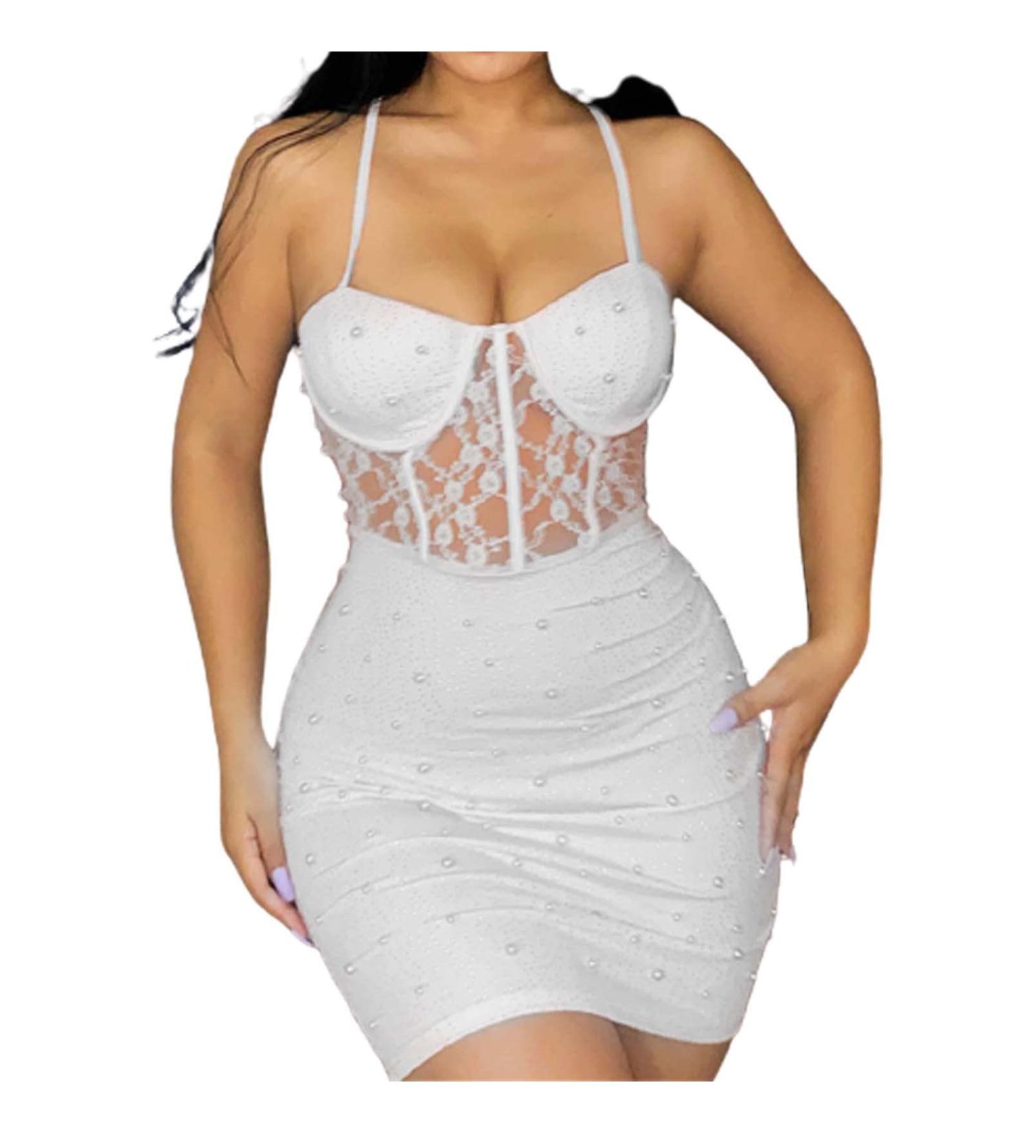 Shop Beaded Lace Strap Camisole Hip Skirt Dress - Spring Knitted Sexy Back Dance Dress for Teenagers - White S - Buy Online on GoSupps.com