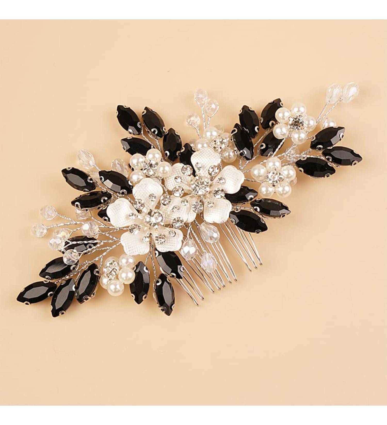 Black Crystal Silver Hair Comb - Bridal Wedding Hair Accessory with Rhinestones - Handmade Jewelry for Women and Girls - Buy Online on GoSupps.com