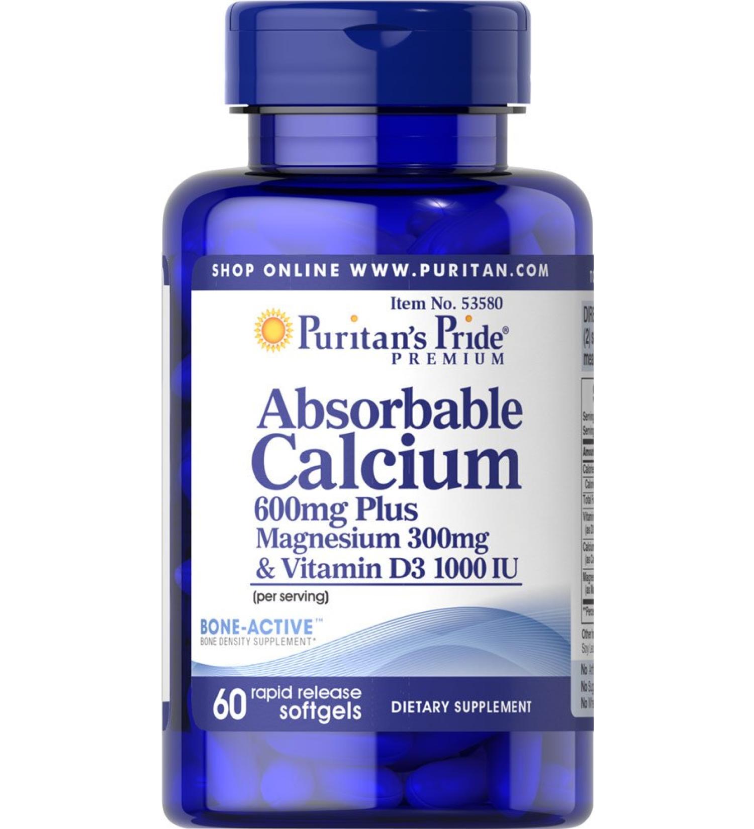 Puritan's Pride Absorbable Calcium 600mg Plus Magnesium 300mg & Vitamin D 1000iu