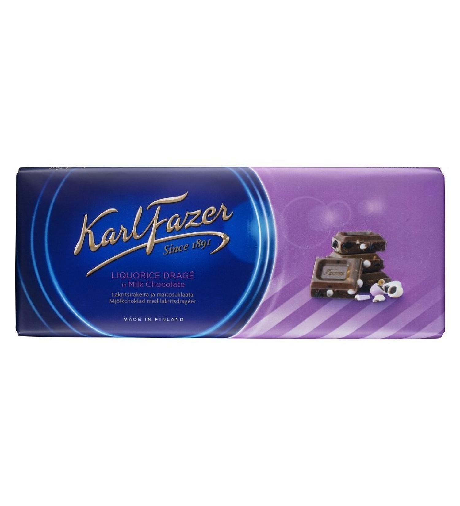 Karl Fazer Blue Liquorice (Licorice) Drage - Original - Finnish - Milk Chocolate - Bar 200g