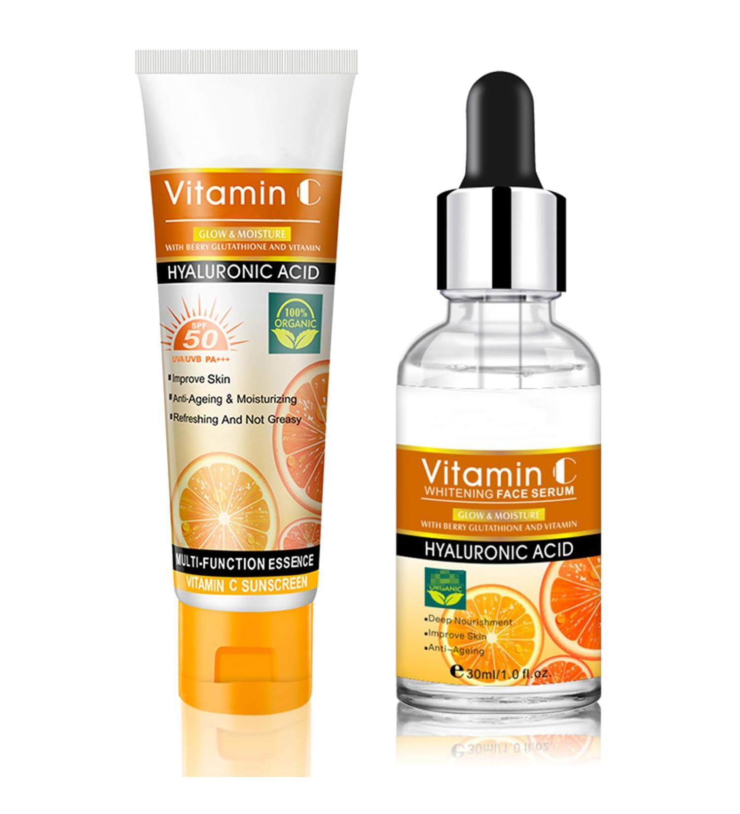 SPF 50 Face Sunscreen Set with Vitamin C Serum - Anti Aging & Sun Protection - Buy Online on GoSupps.com