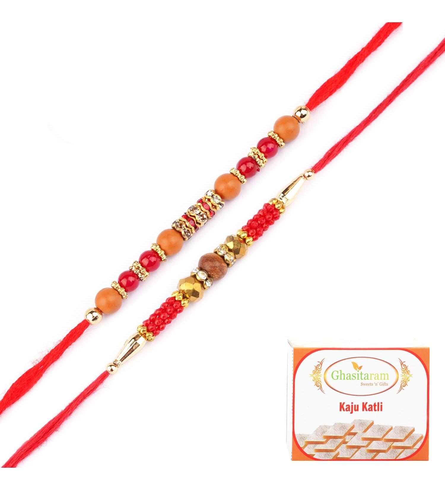 Ghasitaram Gifts Rakhi for Brother Rakhis Online - Set of 2- Nbh-226 and 6945 Rakhi Thread with 200 GMS of Kaju katli - Buy Online on GoSupps.com