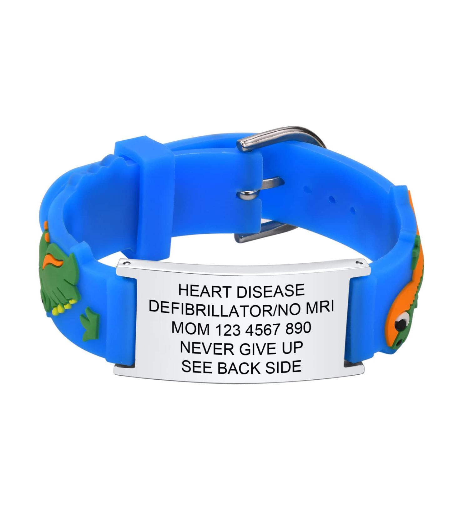Customizable Kids Medical ID Bracelet - Blue and White Dinosaur Silicone Wristband with Alert Badge - 5.1''-6.5 - Buy Online on GoSupps.com