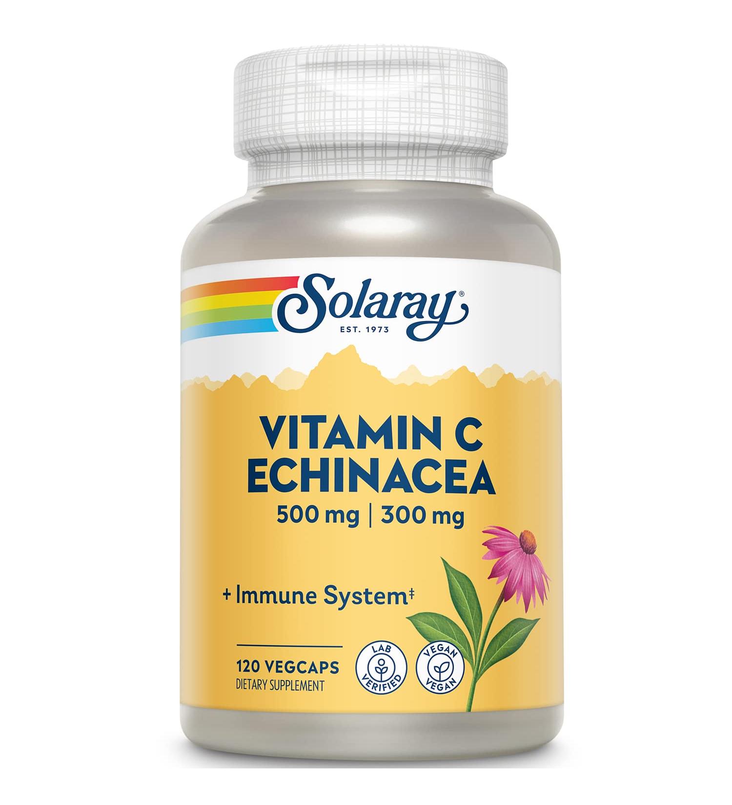 SOLARAY Vitamin C & Echinacea Root - Immune System Support | 500mg VIT C & 300mg Echinacea | Non-GMO, Vegan | 120 VegCaps - Buy Online on GoSupps.com