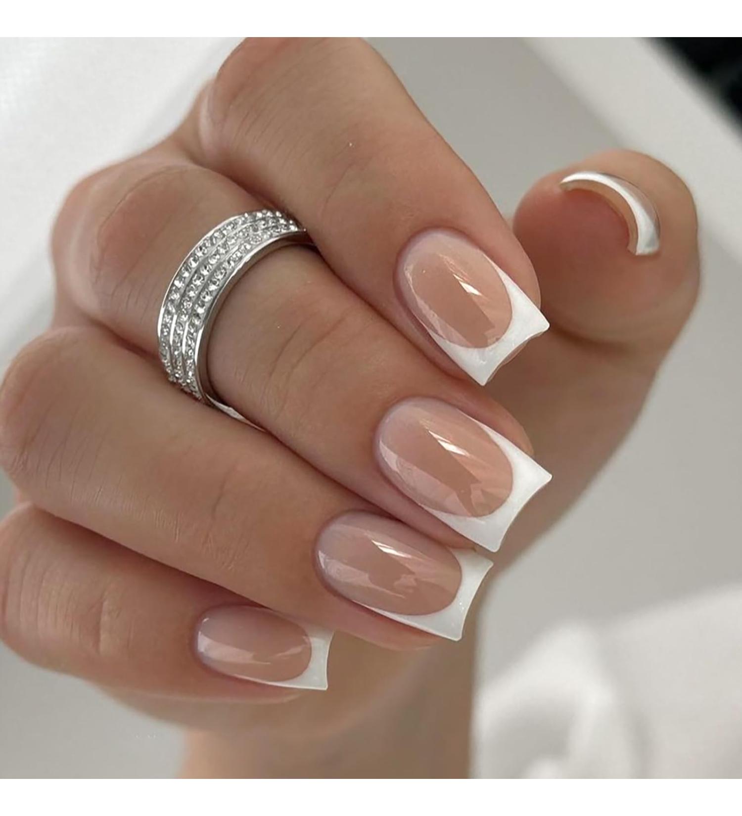Nude French Glitter Square False Nails Set | 24Pcs Press On Nail Tips with Glue | Women's Coffin Nail Art - Buy Online on GoSupps.com