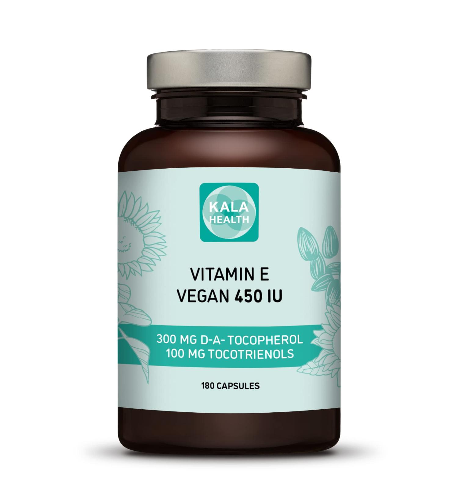 Kala Health Vitamin E 450 IU 400mg Tocopherol + Tocotrienol Vitamin E Vegan - Alpha Tocopherol + All 4 Tocotrienols Alpha Tocotrienol + Beta Tocotrienol + Delta Tocotrienol and Gamma Tocotrienol 180