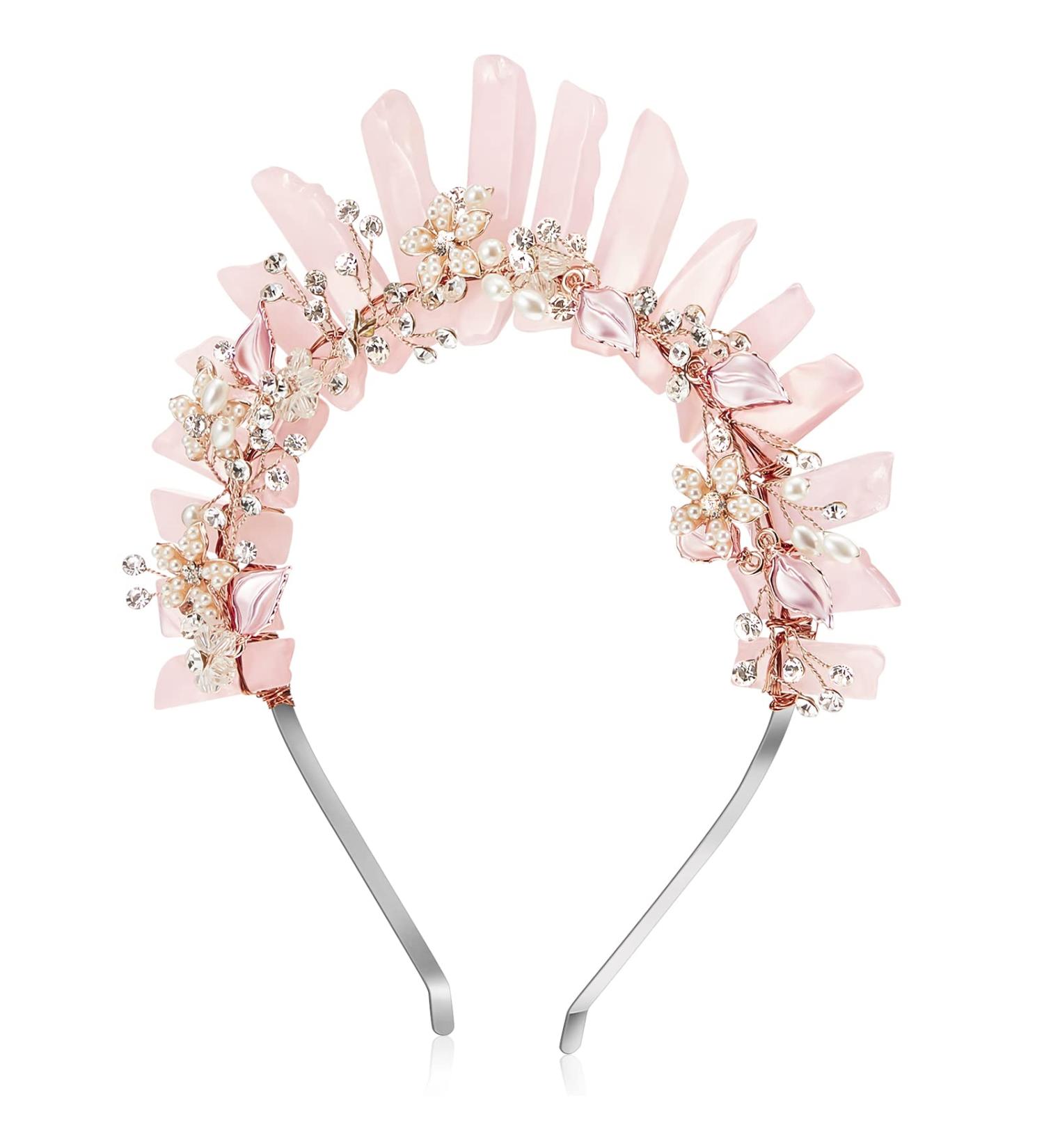 Handmade Quartz Crystal Headband - Pink Flower Mermaid Tiara for Women - Wedding Fairy Costume Hair Accessory - Buy Online on GoSupps.com