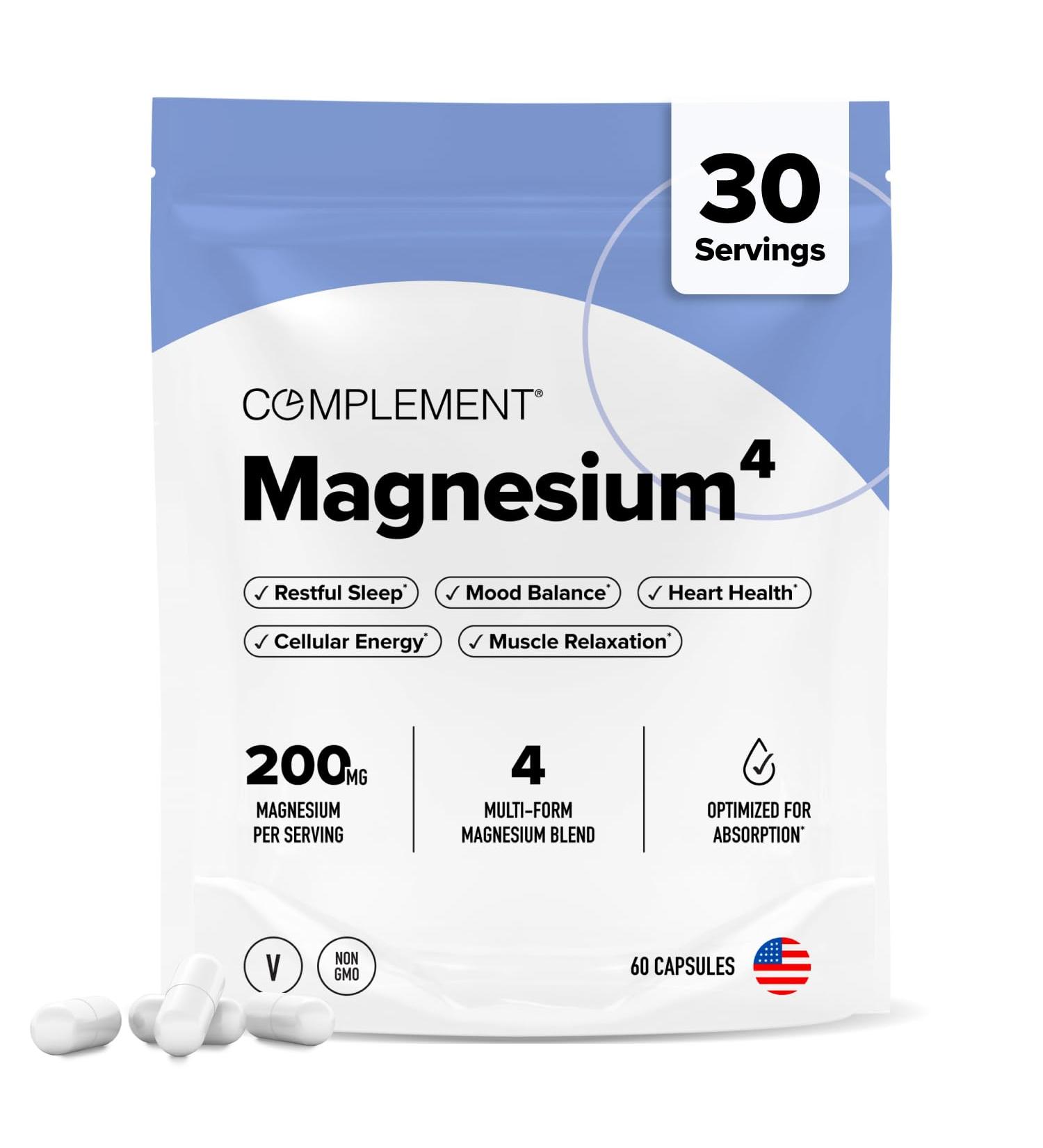 COMPLEMENT Magnesium- 4 Bioavailable Forms for Relaxation Sleep Muscle Recovery Stress & Mood Support- Magnesium Malate Taurate Bisglycinate & Orotate- Gentle on stomach- 200mg 60 Vegan Capsules - Buy Online on GoSupps.com