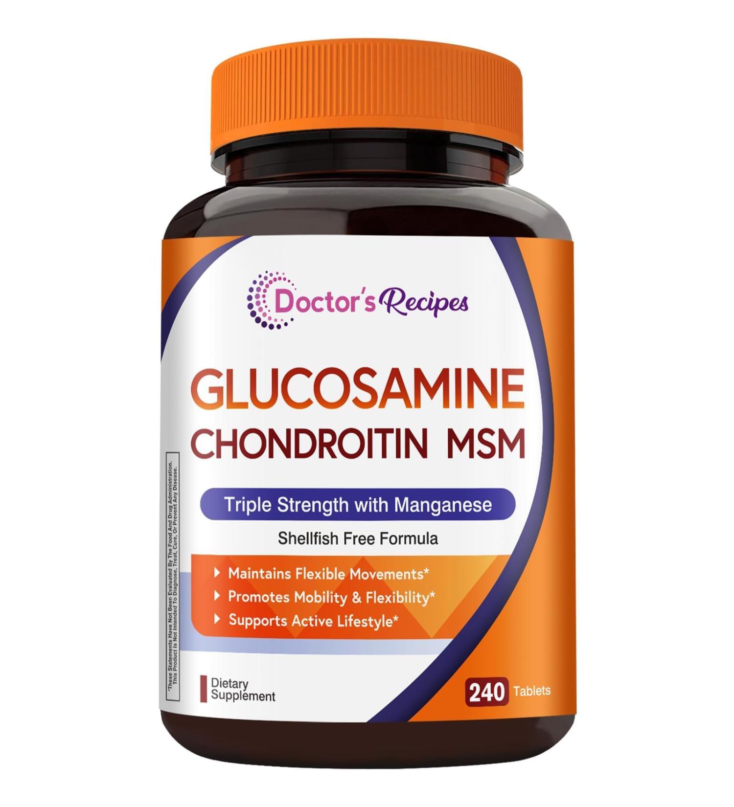 Doctor's Recipes Glucosamine Chondroitin MSM and Manganese Supplement 1800 mg Glucosamine HCl NO Shellfish Healthy Structure & Movements Flexibility Support for Men & Women 240 Tablets - Buy Online on GoSupps.com