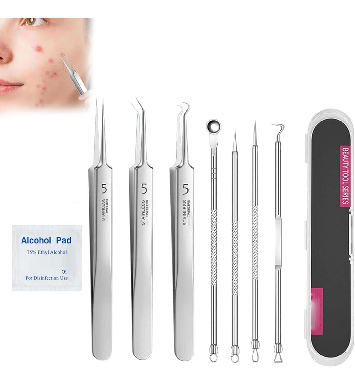 Usiveinborn Blackhead Remover Usiveinborn Tweezers Professional Stainless Steel Facial Blackhead Remover Tweezers Pimple Popper Tool Easy Removal of Pimples Blackheads (7pcs) - Buy Online on GoSupps.com