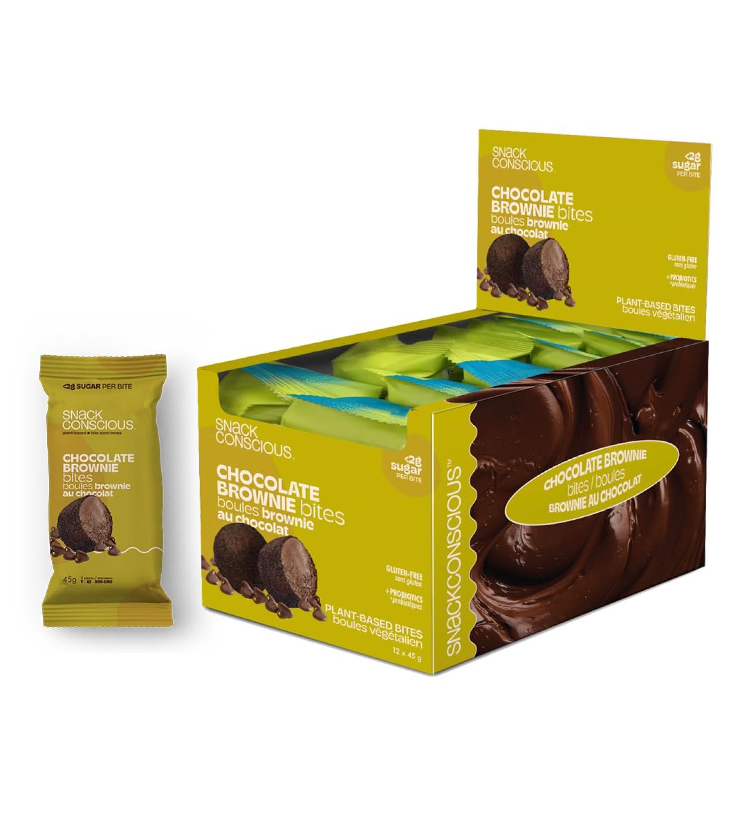 SNACK CONSCIOUS Chocolate Brownie Protein Bites 12 x 45g Plant Based Gluten Free Vegan Non-GMO Made in Canada - Buy Online on GoSupps.com