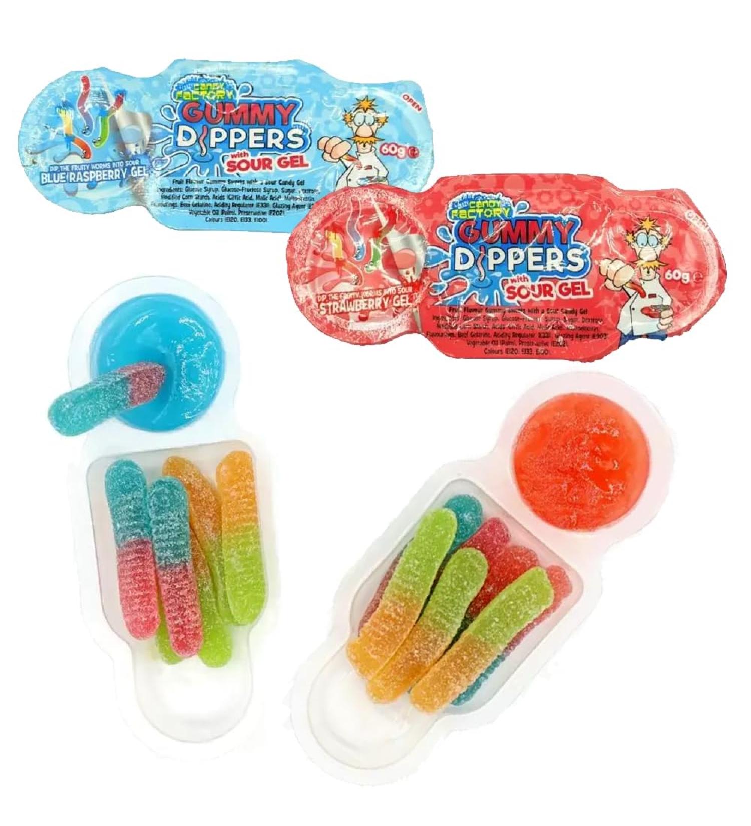 Crazy Candy Factory Gummy Dippers 60g - Fruity Gummy Worms with Sour Strawberry & Blue Raspberry Gel (8)