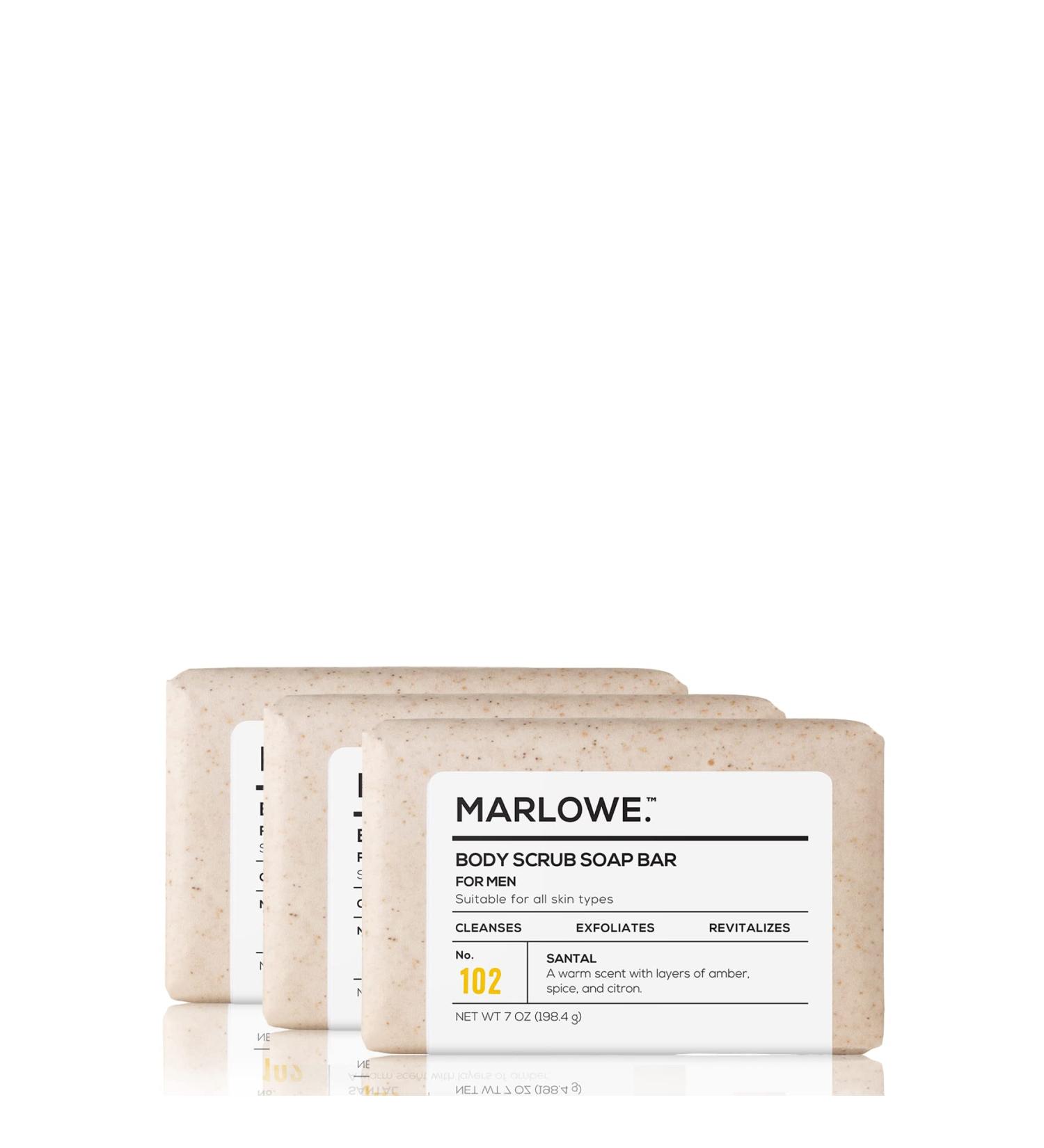 MARLOWE. No. 102 Men's Body Scrub Soap 7 oz (3 Bars) Warm Santal Scent Best Exfoliating Bar for Men Made with Natural Ingredients Apricot Seed Powder Shea Butter Olive Oil Green Tea Extracts Warm Santal 7 Ounce (Pack of 3) - Buy Online on GoSupps.com