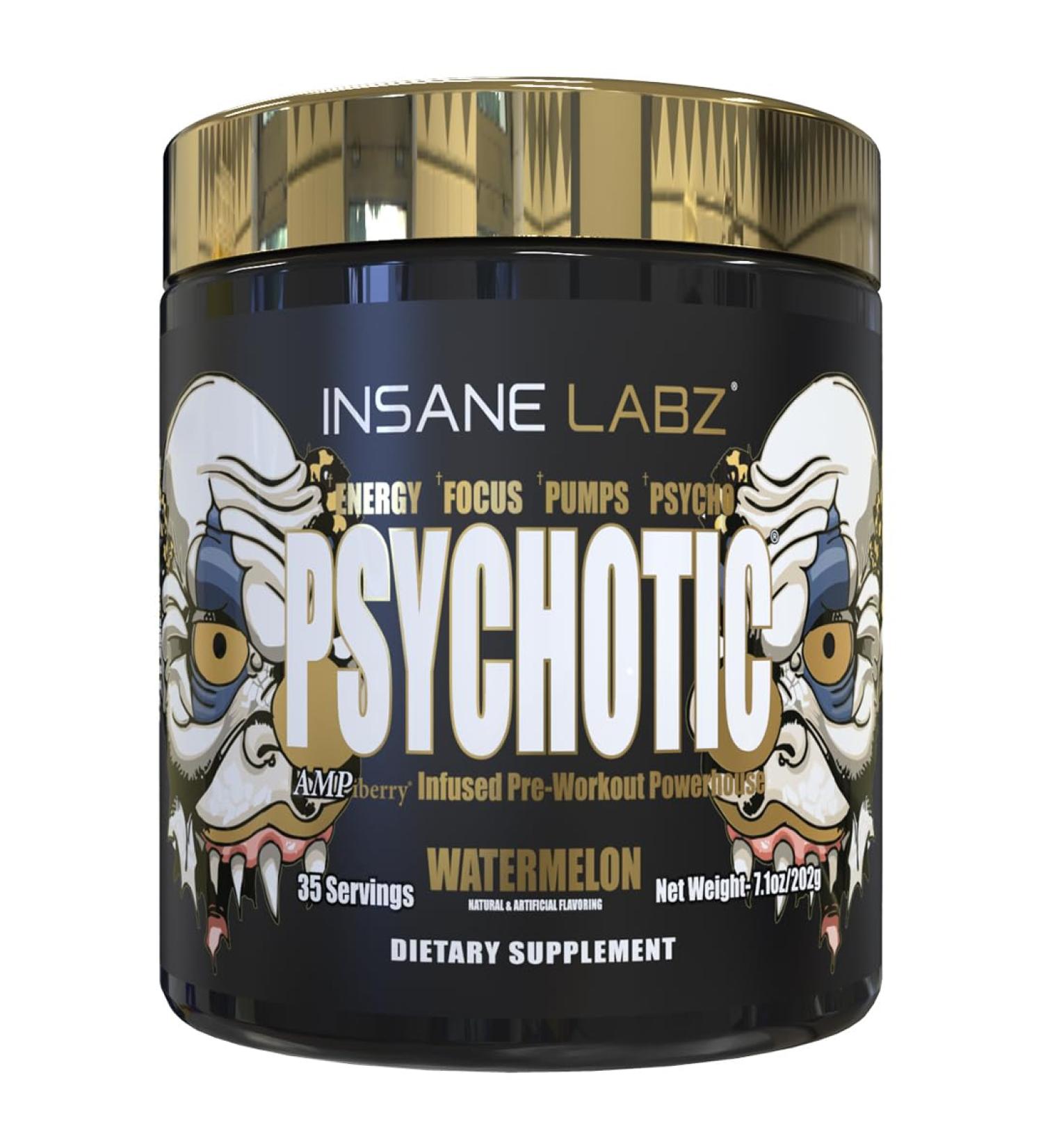 Insane Labz Psychotic Gold High Stimulant Pre Workout Powder Extreme Lasting Energy Focus Pumps and Endurance with Beta Alanine DMAE Bitartrate NO Booster (35 Servings Watermelon) Watermelon 35 Servings - Buy Online on GoSupps.com