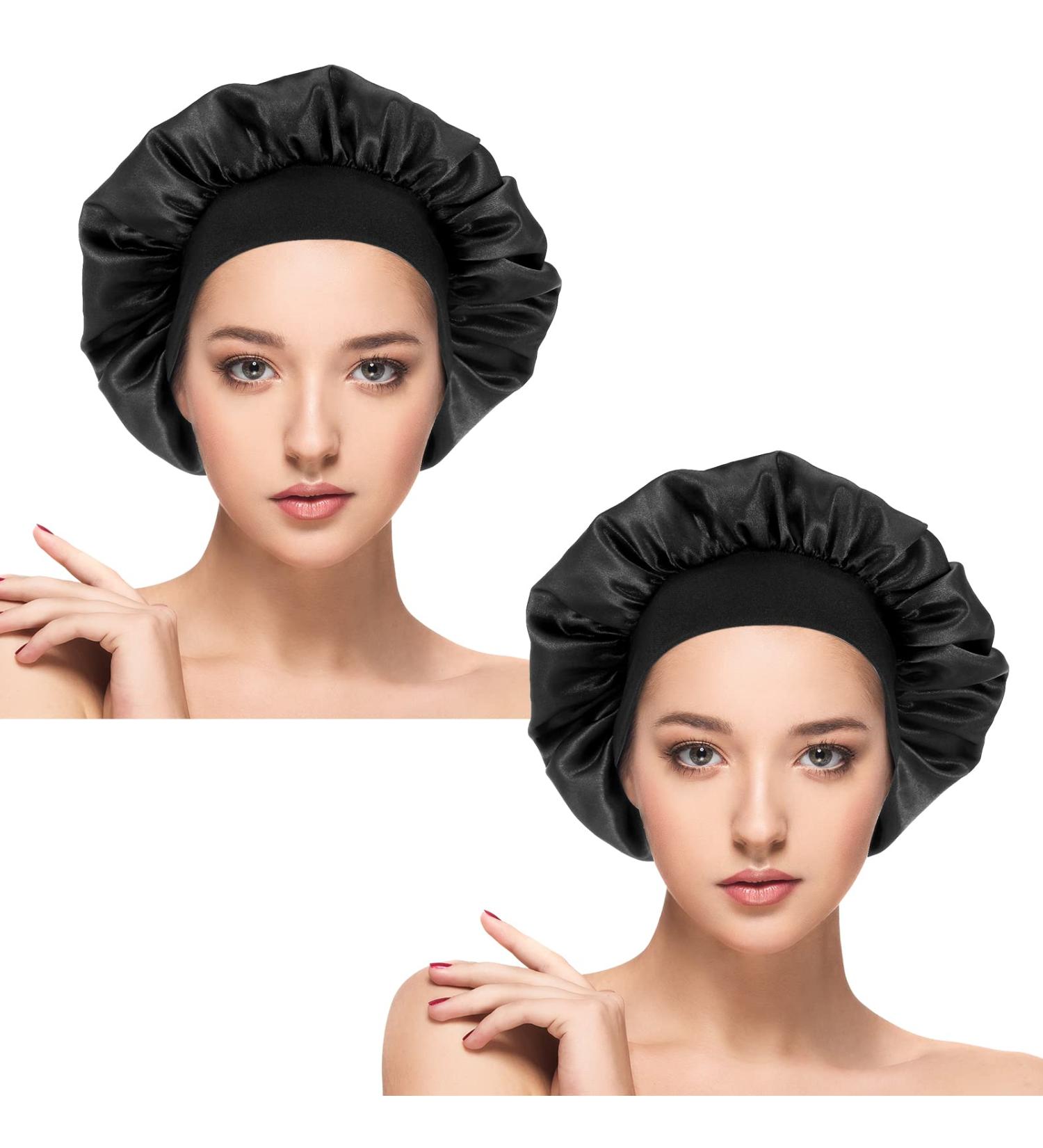 2 Pcs Satin Bonnet Sleep Cap Silk Day and Night Sleep Caps Night Bonnet Sleeping Head Cover Satin Hair Bonnet Elastic Band Chemo Cap for Curly Hair Women Black Natural Braids - Buy Online on GoSupps.com